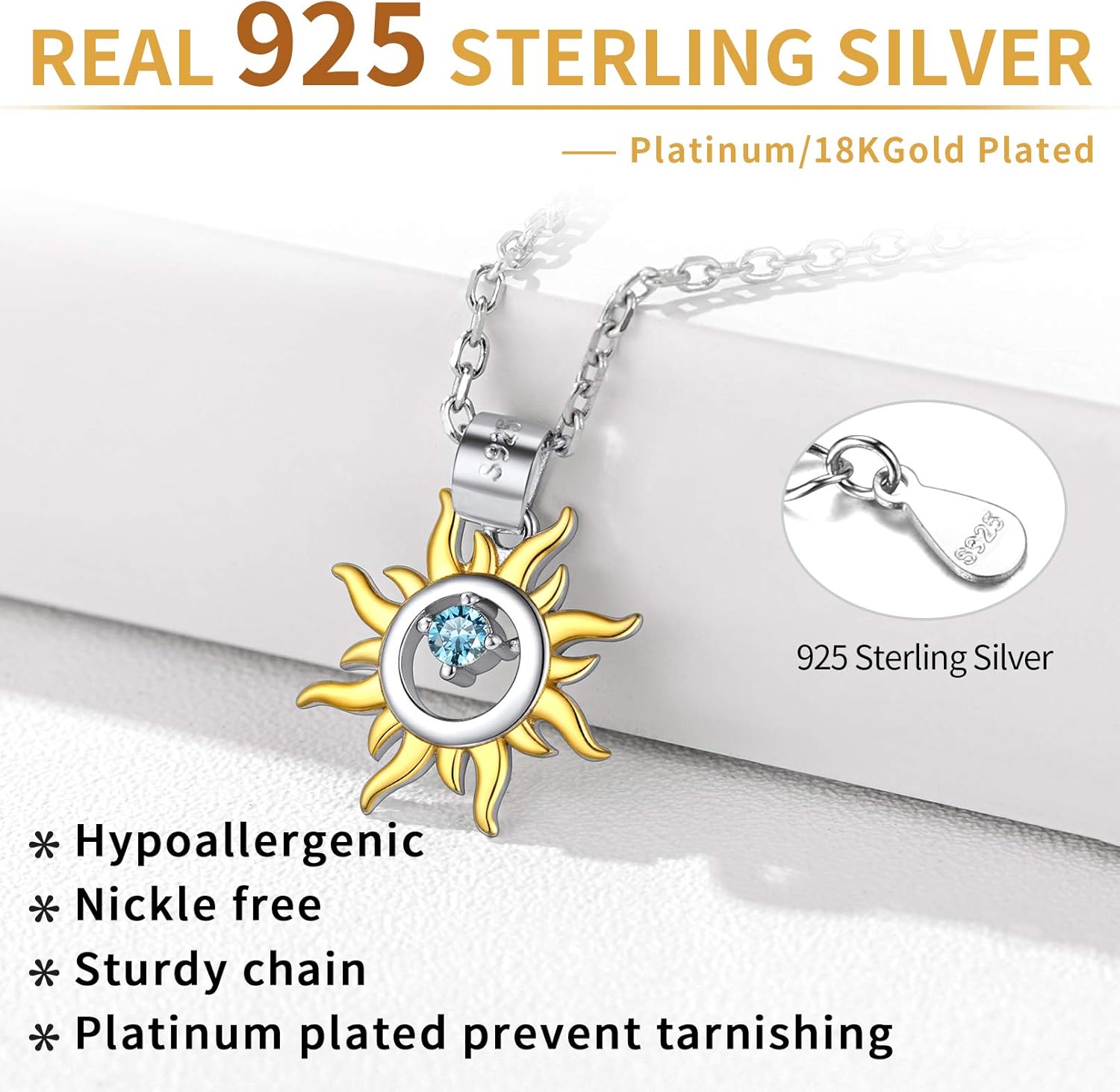 Sterling Silver Blue Cubic Zirconia Small Dainty  Sun Necklace 