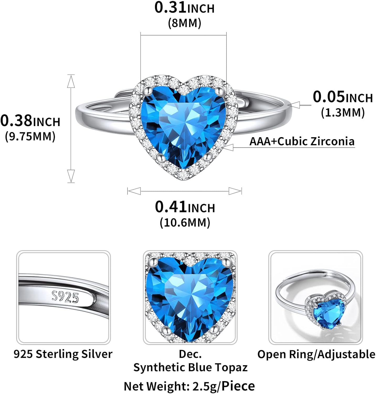 Heart Emerald Cut Birthstone Promise Ring Details: Dimensions, Hypoallergenic, Adjustable size for 6~11