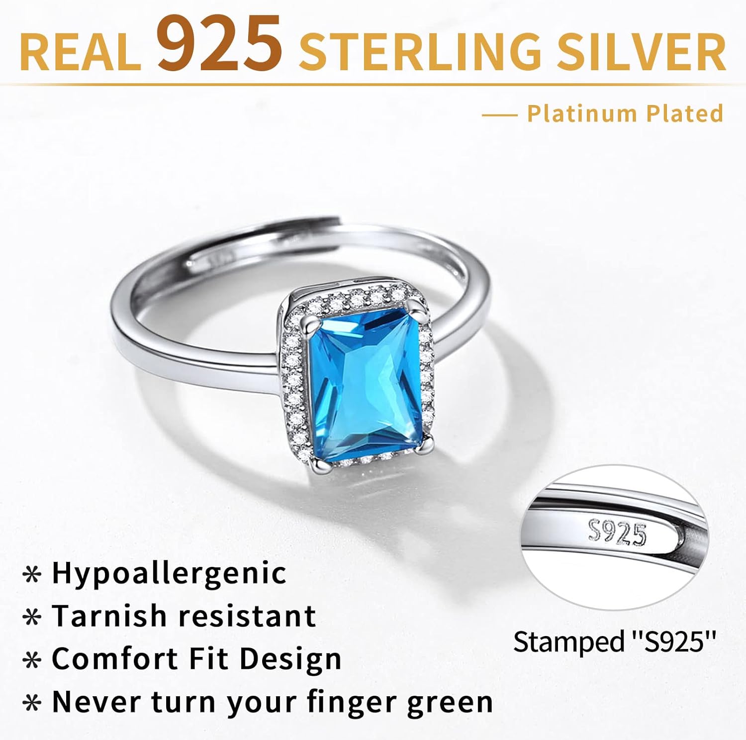 Sterling Silver Square Emerald Cut Birthstone Promise Ring