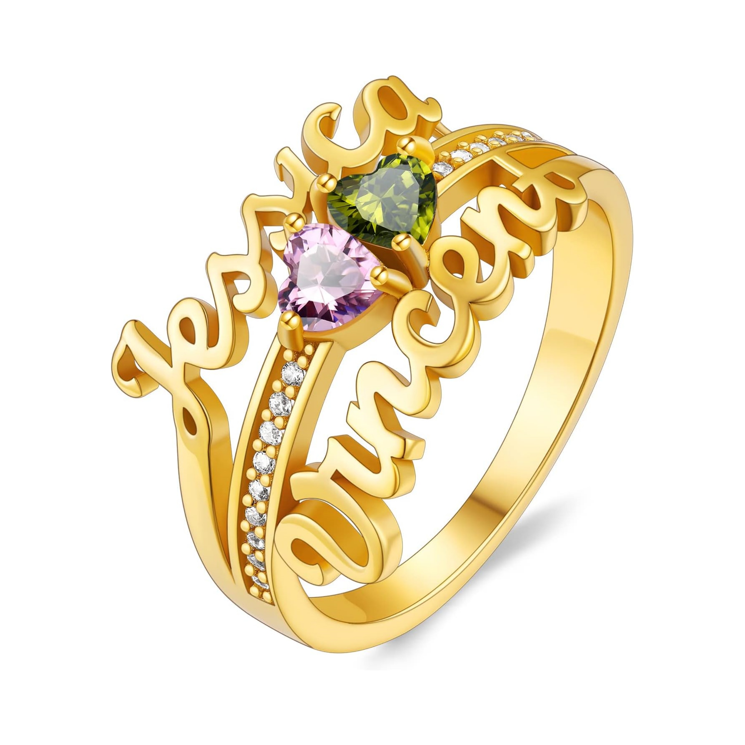 Custom Heart Birthstone 3D Name Ring