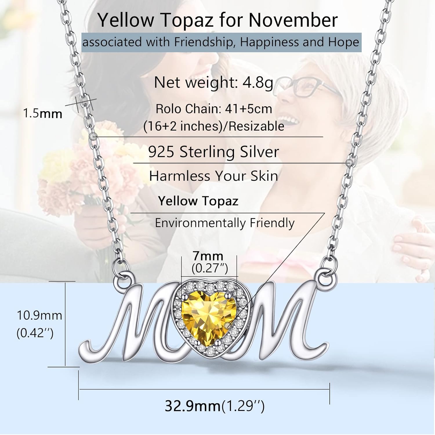 Mothers Day Birthstone Necklace Details: Dimensions, Hypoallergenic, Lobster-Claw-Clasps