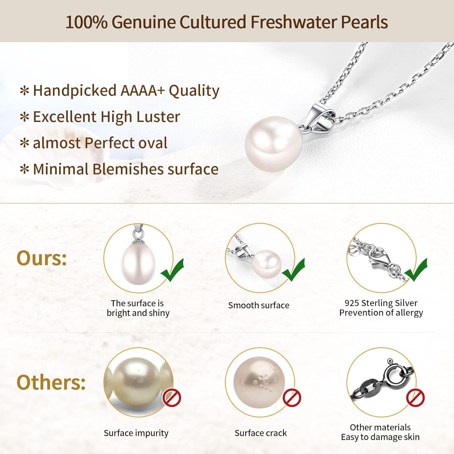 Genuine Freshwater Cultured White Pearl Pendant Necklace -100% Genuine Cultured Freshwater Pearls