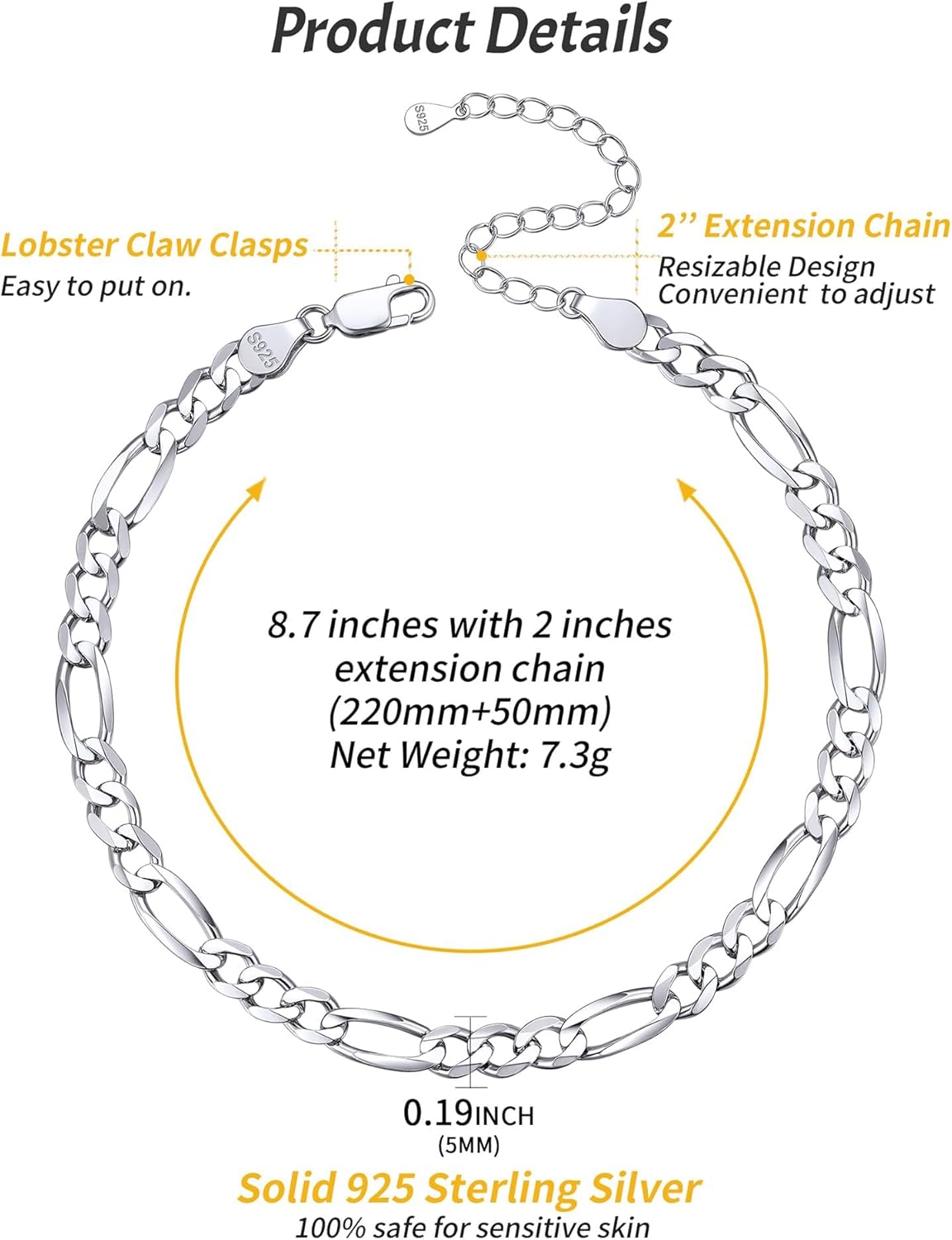 Simple Dainty Figaro Chain Anklet Details: Dimensions, Hypoallergenic, Lobster-Claw-Clasps