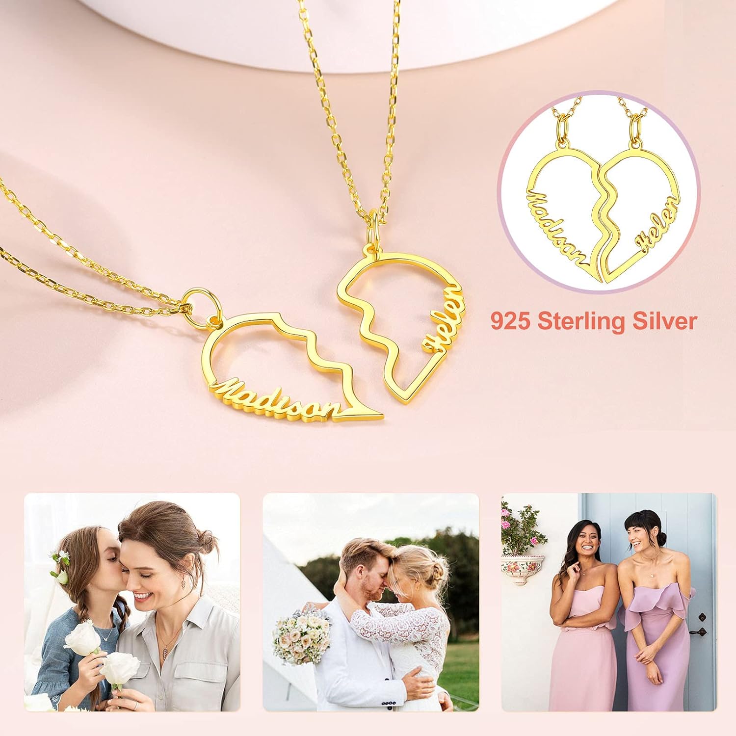 Sterling Silver Personalized Split Heart Matching Friendship Couple Necklaces 