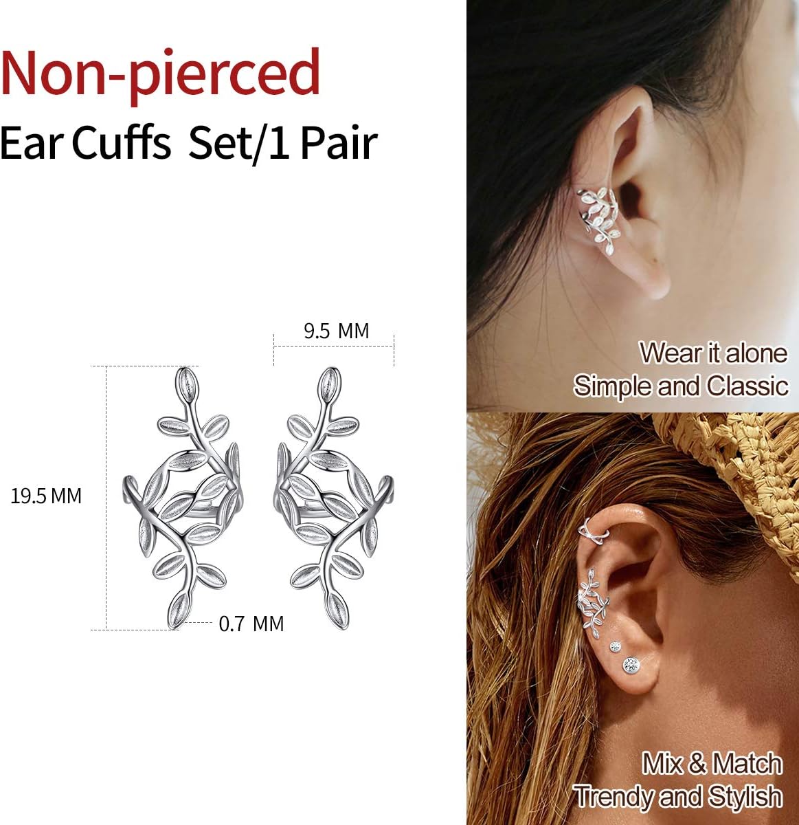 Leaf Non Piercing Clip on Cartilage Cuff Earrings Details: Dimensions, Hypoallergenic, Clip On.