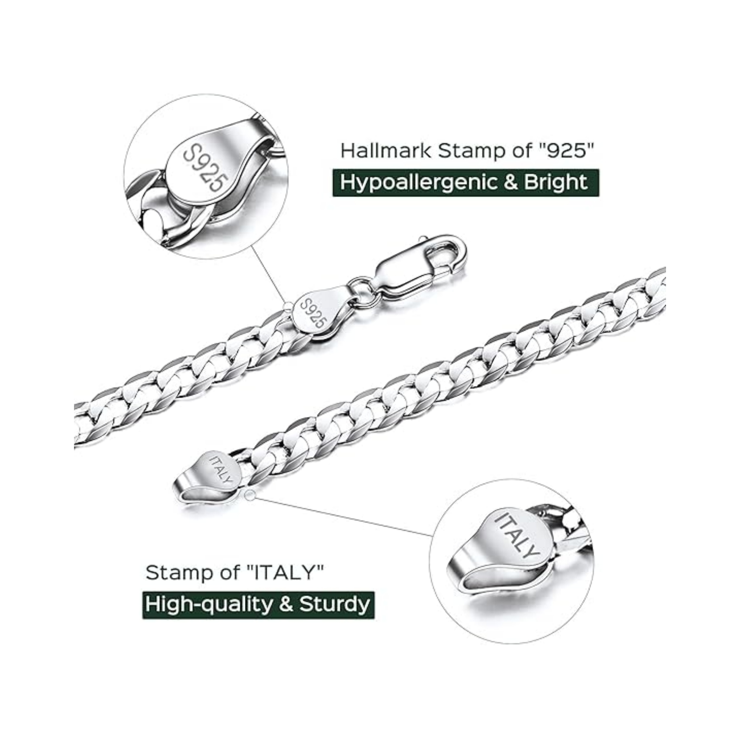 5mm Solid 925 Sterling Silver Cuban Link Chain Necklace Details: Dimensions, Hypoallergenic, Lobster-Claw-Clasps