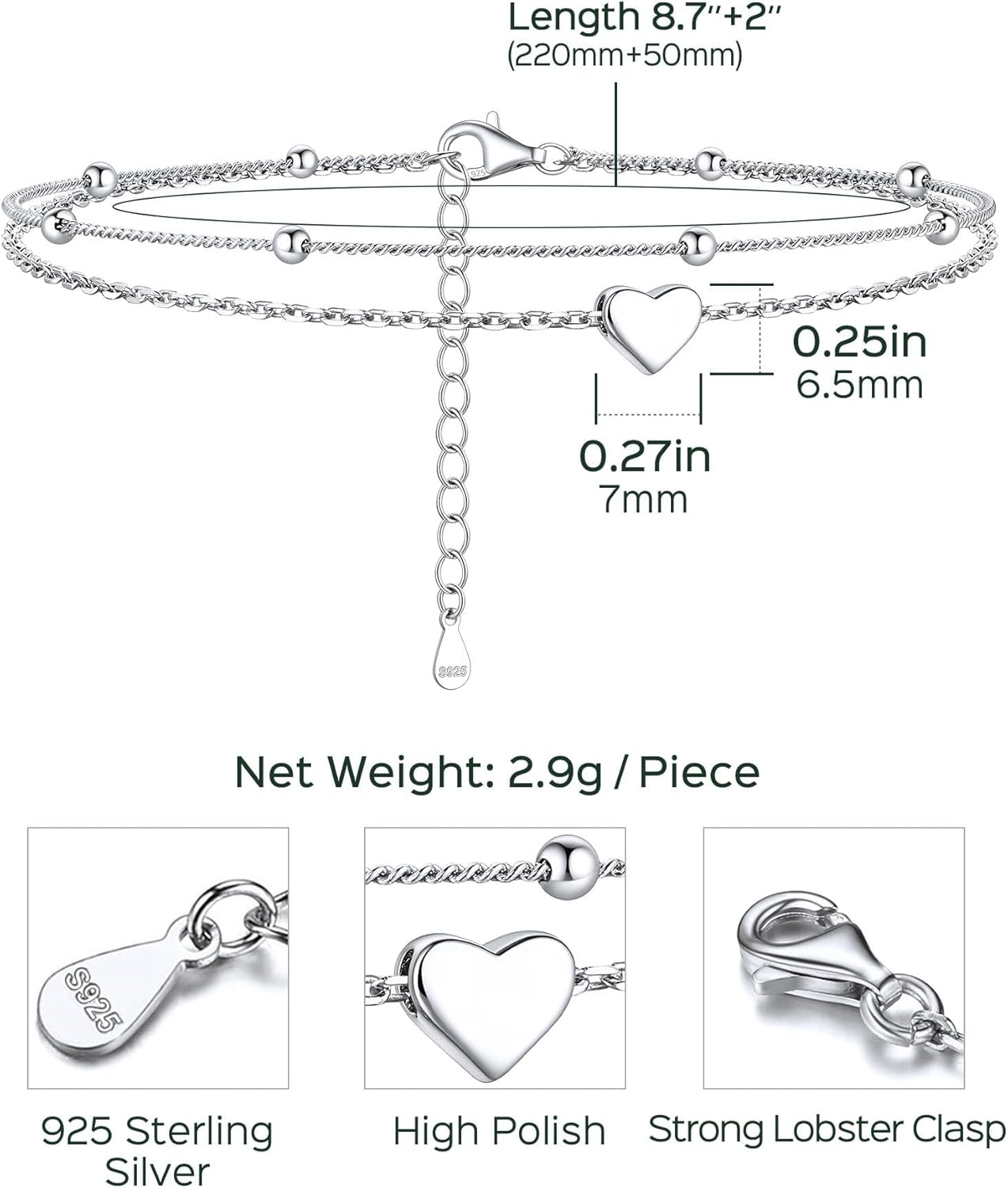 Layered Heart Anklet With Mini Beaded, sterling silver jewlery, silver anklets for women,  gift idea, Size