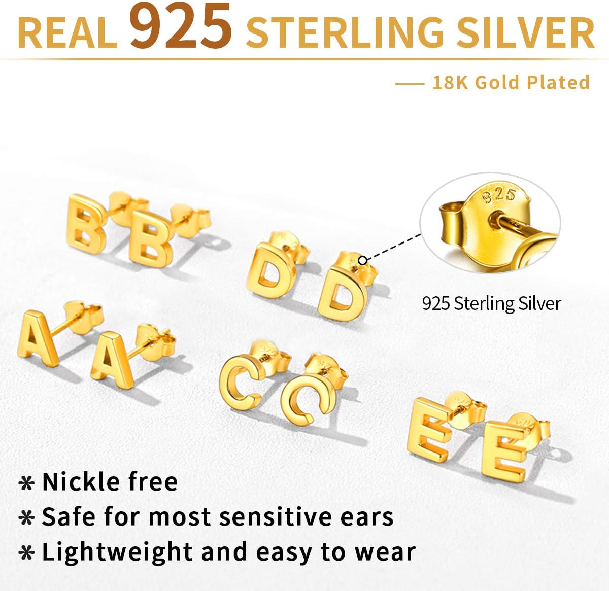 Gold ChicSilver Hypoallergenic Initial Letter Earrings Studs, sterling silver jewlery, 925 sterling silver earrings, Initial Earrings, gift idea,  A to Z  jewelry