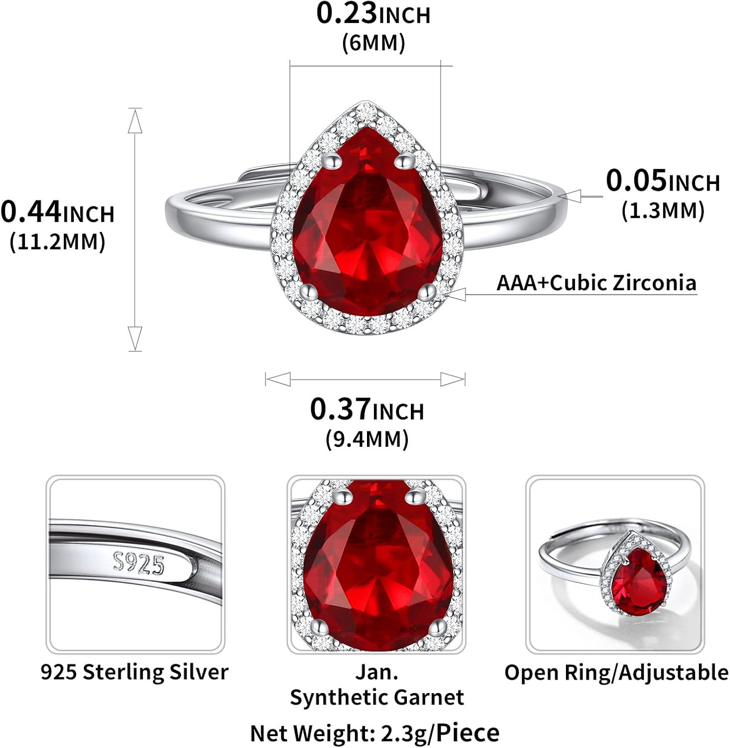 Pear Cut Teardrop Birthstone Promise Ring Details: Dimensions, Hypoallergenic, Adjustable size for 6~11