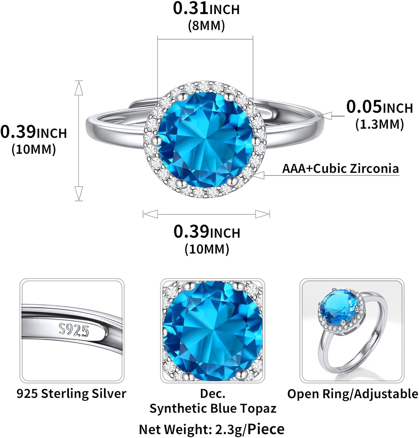Round Cut Birthstone Promise Ring Details: Dimensions, Hypoallergenic, Adjustable size for 6~11