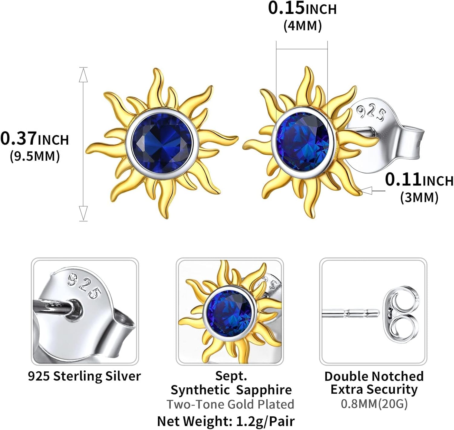 Hypoallergenic Sun Birthstone Earrings for Women, september birthstone, Sapphire Jewelry, Virgo Birthstone, Libra Birthstone, sterling silver jewelry, gift idea