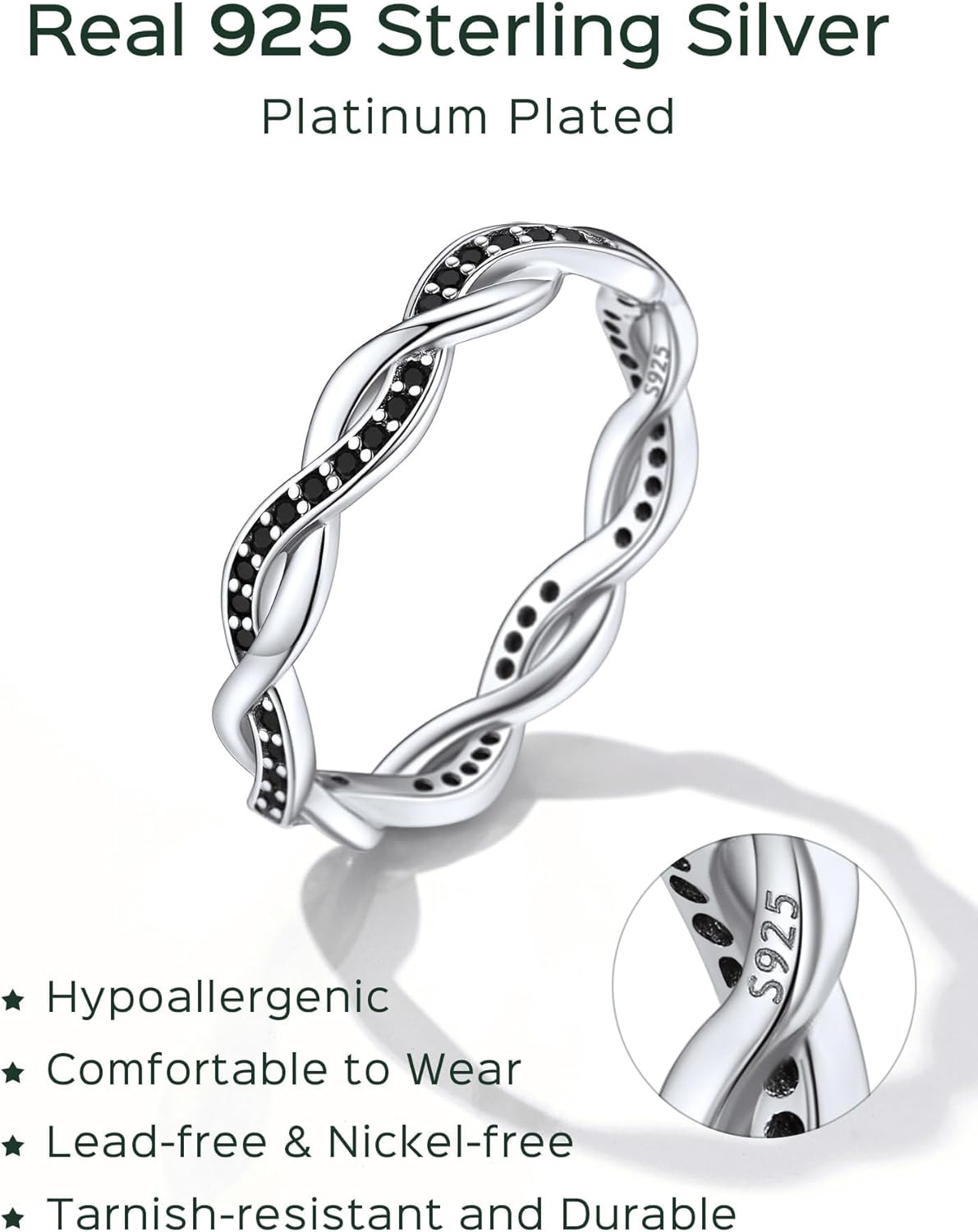 Sterling Silver Twisted Rope Black Cubic Zirconia Diamond Wedding Band 