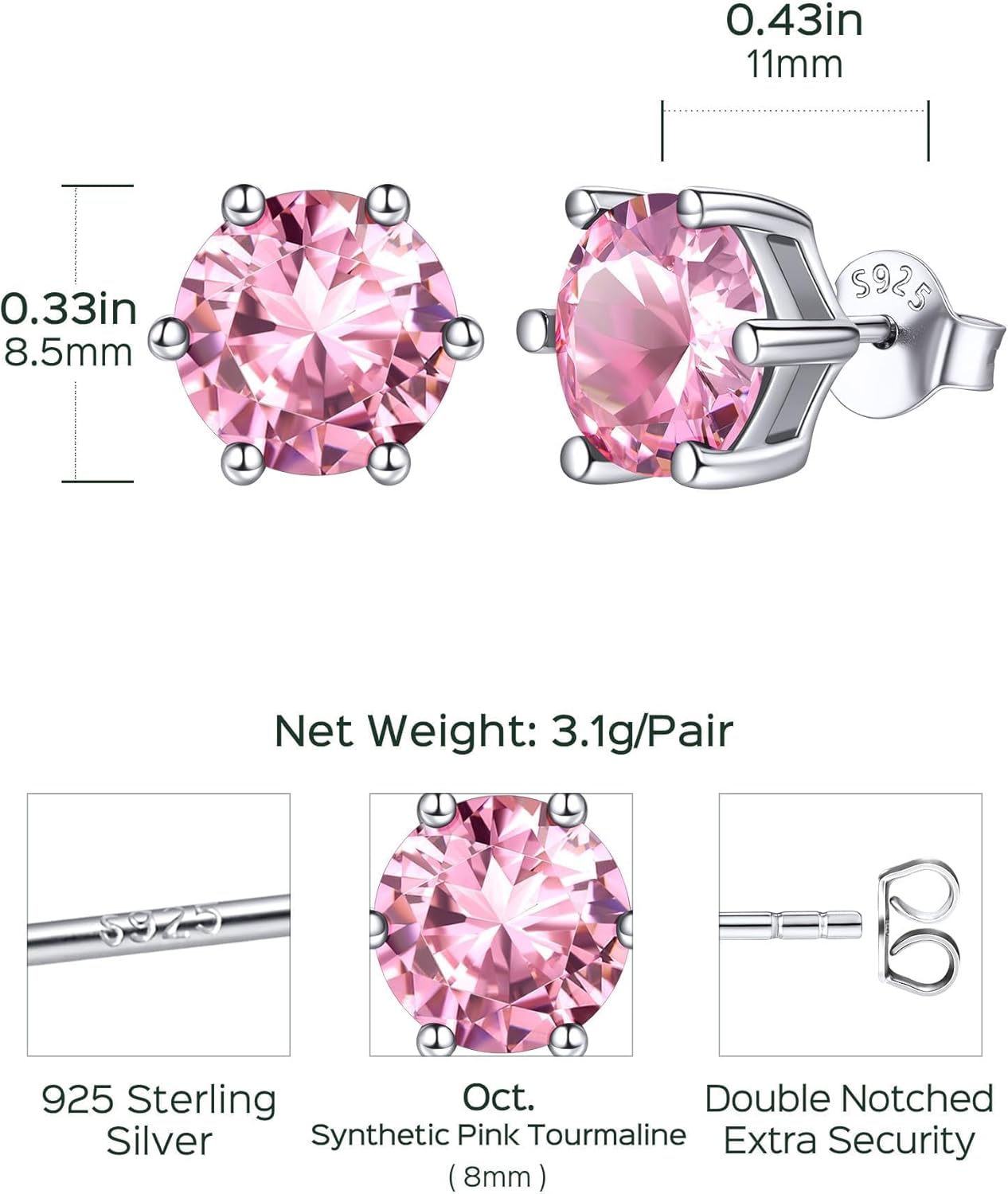 8.5mm Sparkling Round Cut Birthstone Halo Stud Earrings Details: Dimensions, Hypoallergenic, Push Back Finding