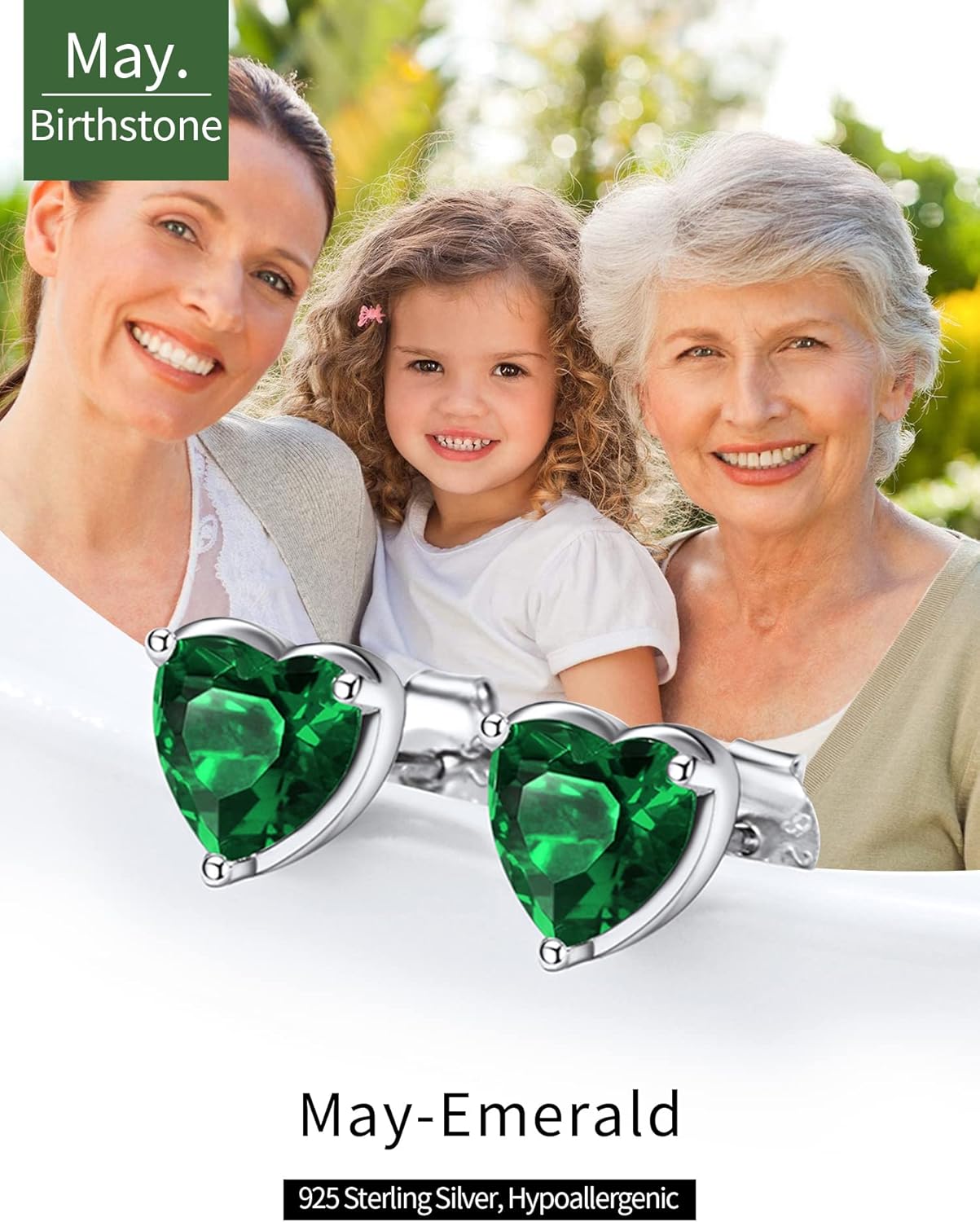 Sparkling Heart Cut Birthstone & Cubic Zirconia May Diamond Earring Studs