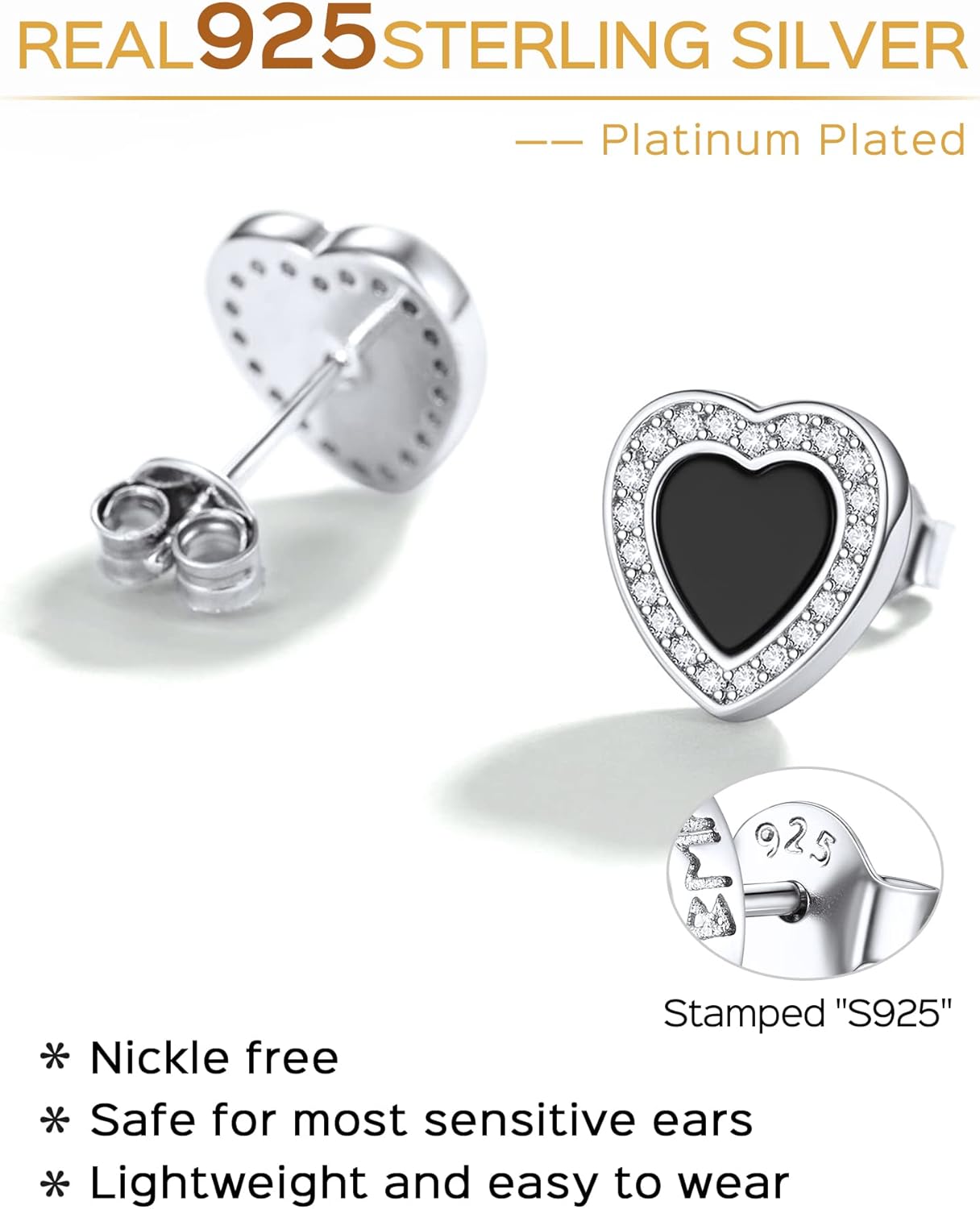 Sterling Silver Cubic Zirconia Black Onyx Heart Stud Earrings