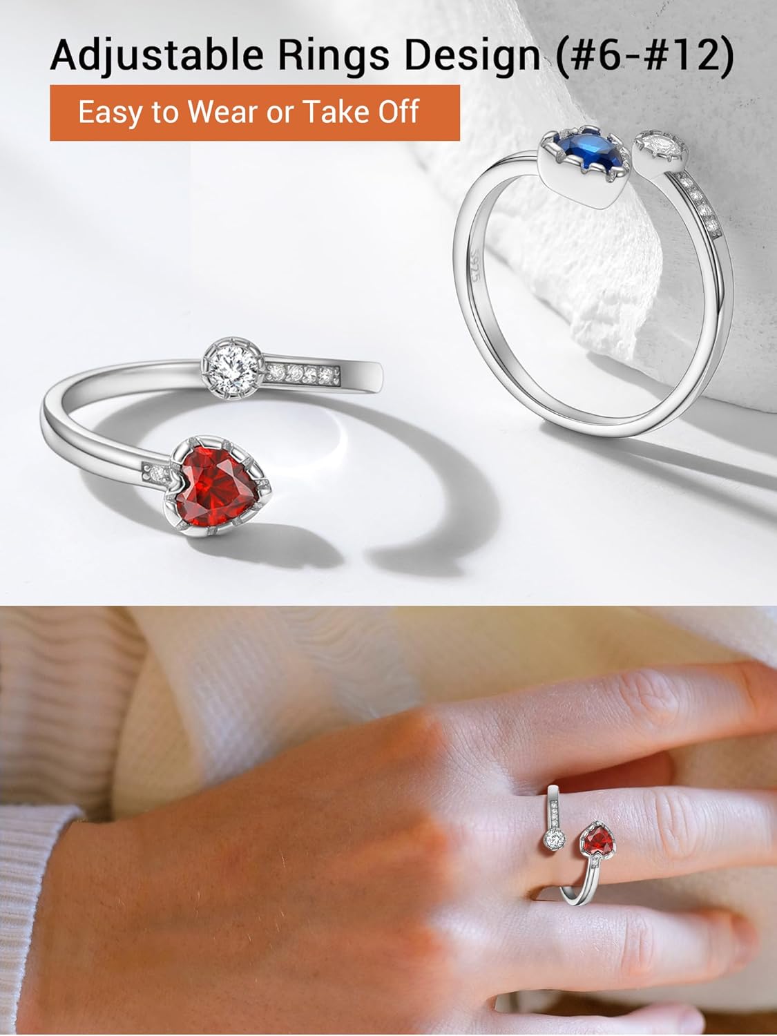 Heart Birthstone and White Cubic Zirconia Adjustable Ring Details: Dimensions, Hypoallergenic, Adjustable size for 6~11