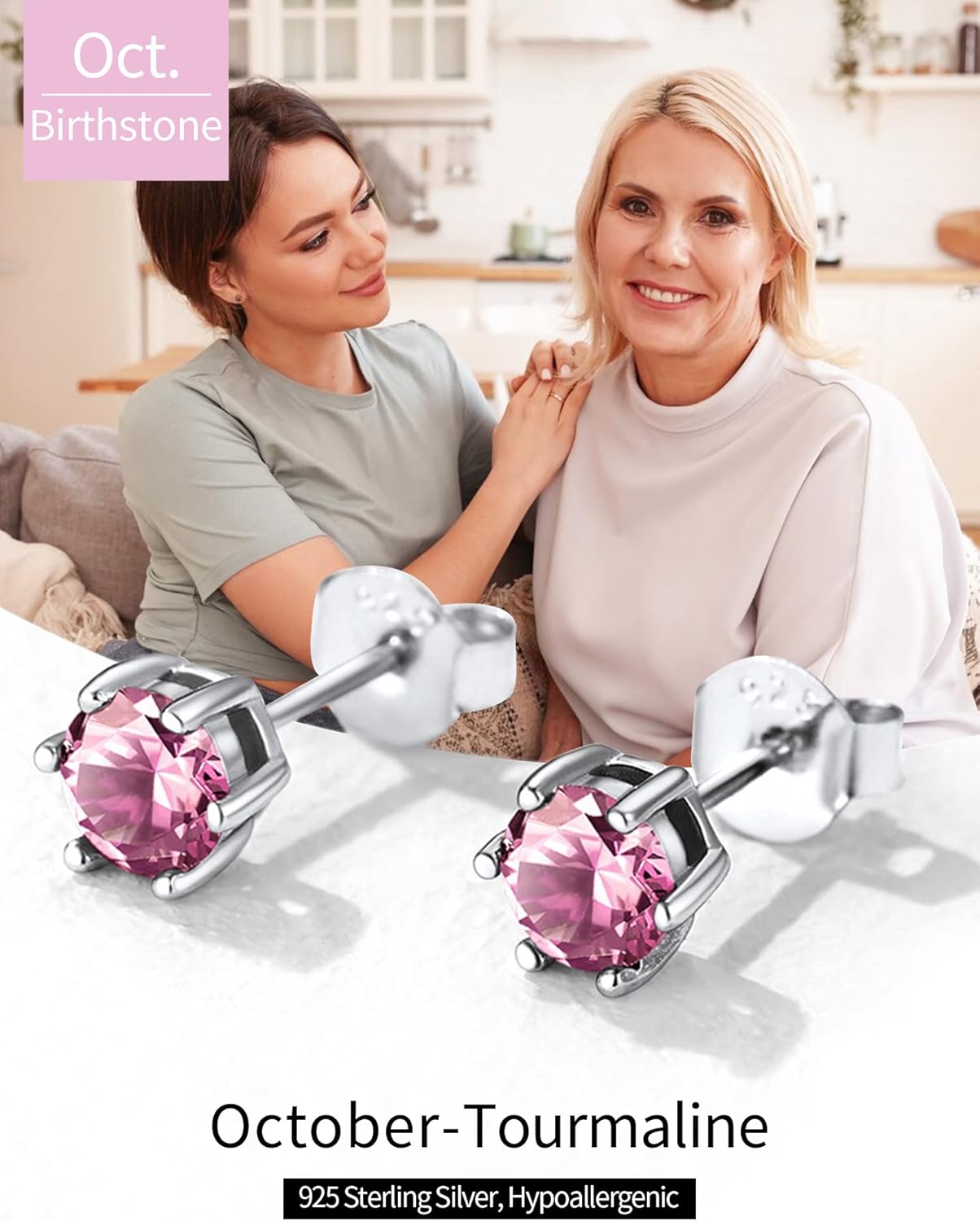 12 Months Sparkling Round Birthstone Halo Stud Earrings for women, october birthstone, Pink Tourmaline Earrings, Libra Birthstone, Scorpio Birthstone, sterling silver necklace chain, gift idea