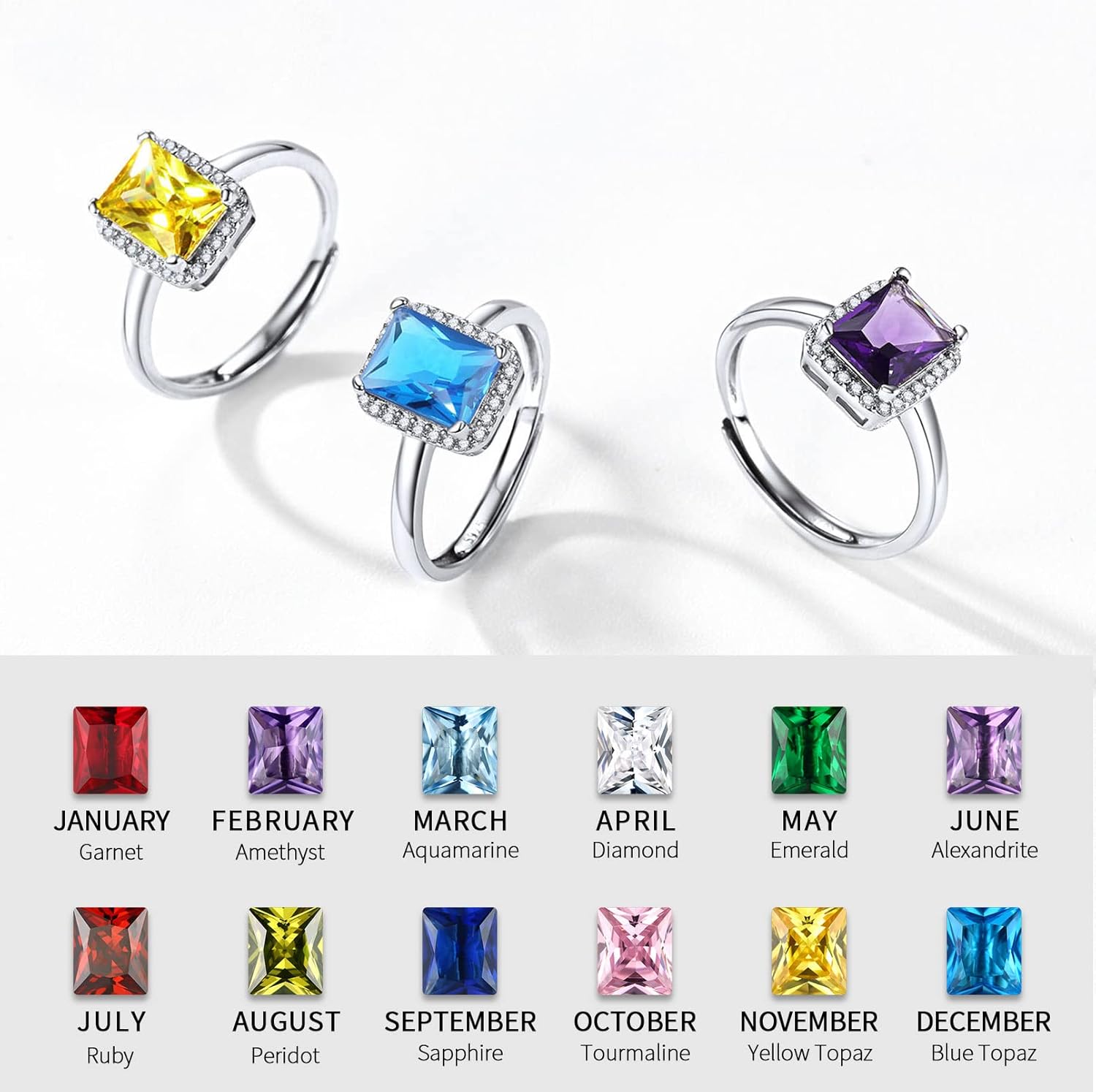 Square Emerald Cut Birthstone Promise Ring in Different Month Colors