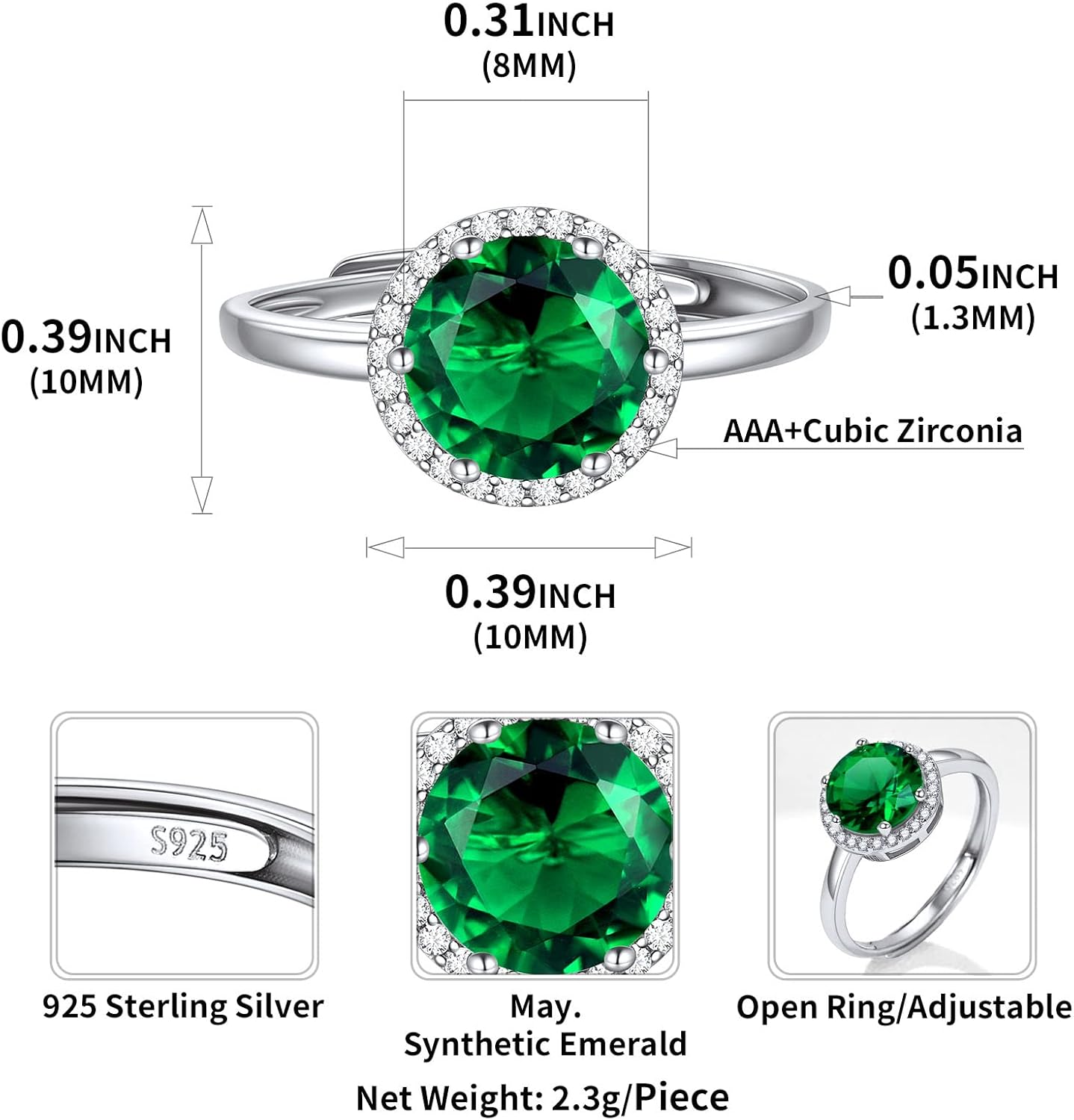 Round Cut Birthstone Promise Ring Details: Dimensions, Hypoallergenic, Adjustable size for 6~11