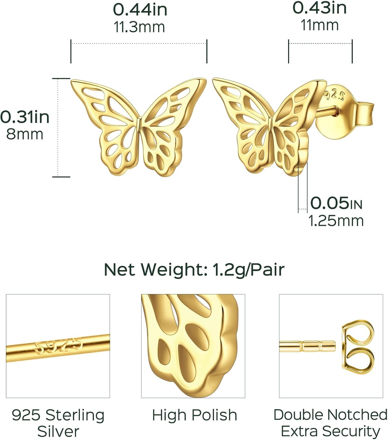 Butterfly Stud Earrings Details: Dimensions, Hypoallergenic, Push Back Finding