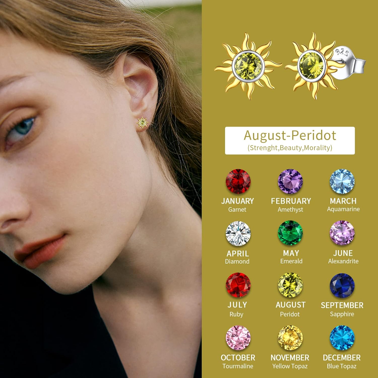 Hypoallergenic Sun Birthstone Earrings for Women, august birthstone, Peridot Earrings, Leo Birthstone, Virgo Birthstone, sterling silver jewelry, gift idea