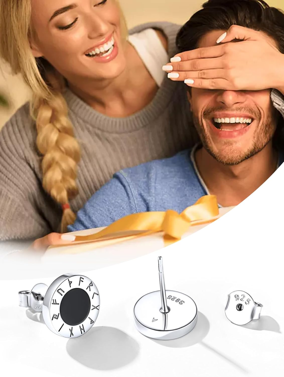 Viking Front Rune Outer Ring Black Onyx Stud Earrings for him