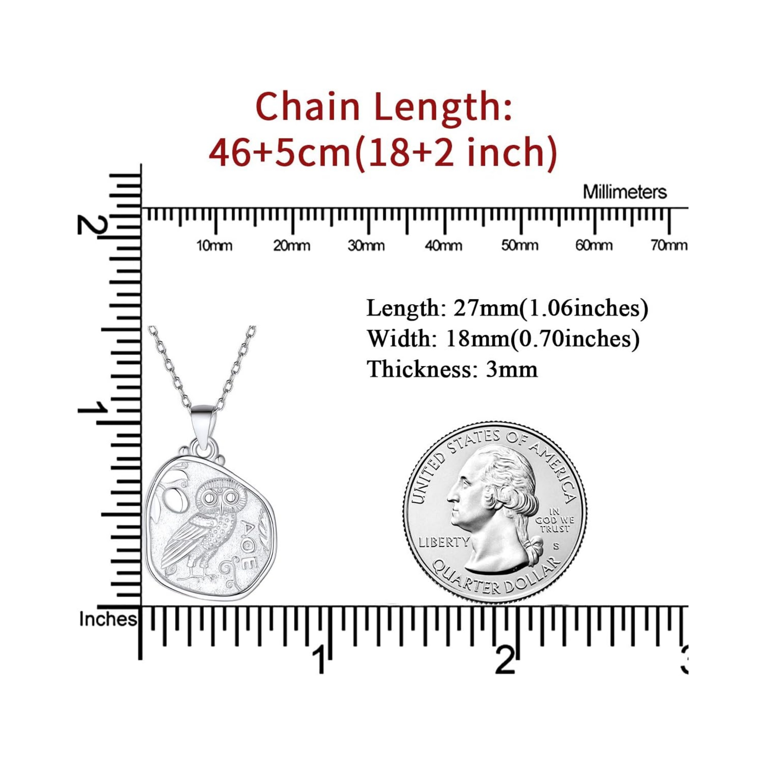 Vintage Athena & Owl Irregular Greek Coin Pendant Necklace Details: Dimensions, Hypoallergenic, Lobster-Claw-Clasps