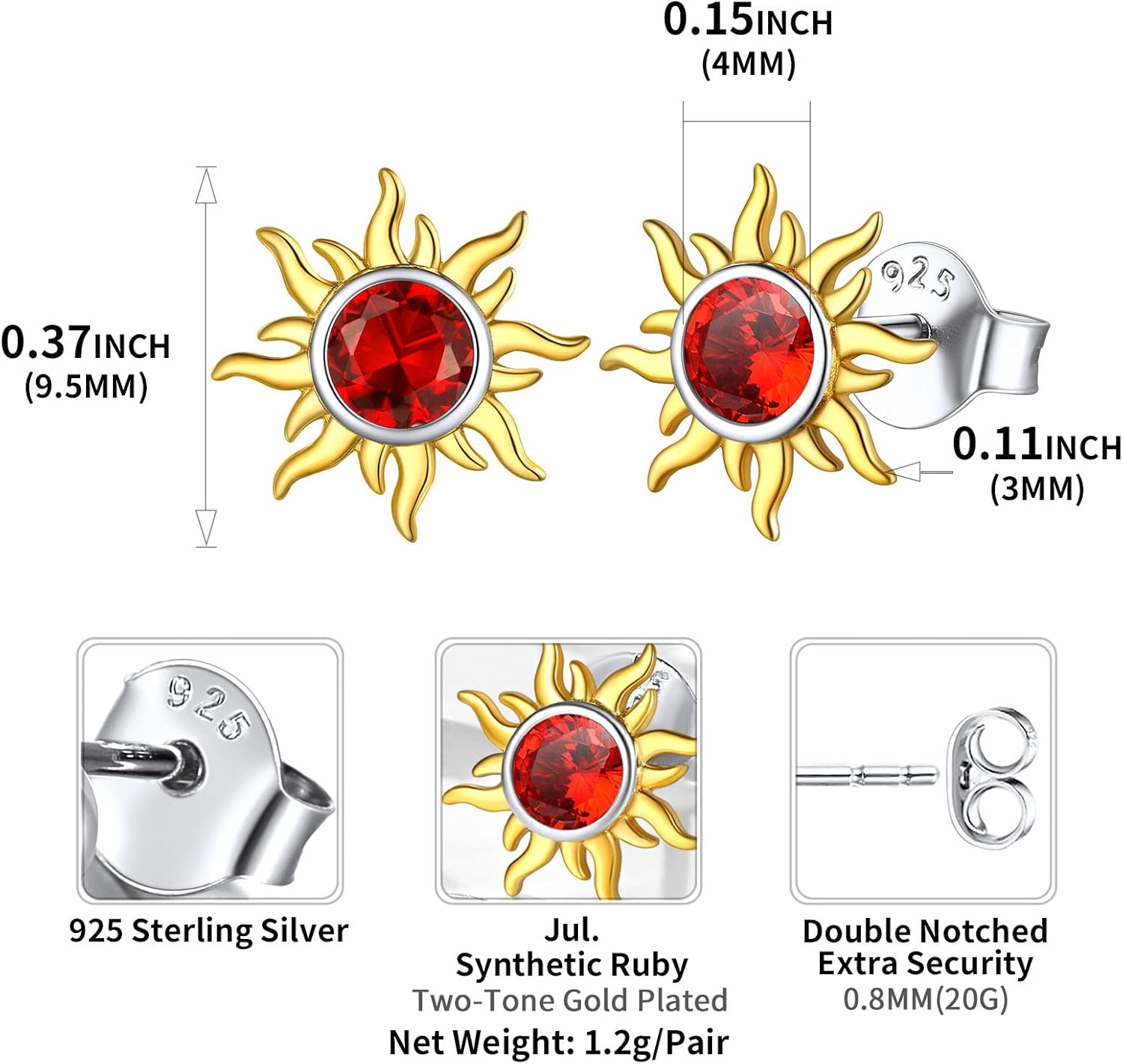 Hypoallergenic Sun Birthstone Earrings for Women, july birthstone, Ruby birthstone, Cancer Birthstone, Leo Birthstone, sterling silver jewelry, gift idea