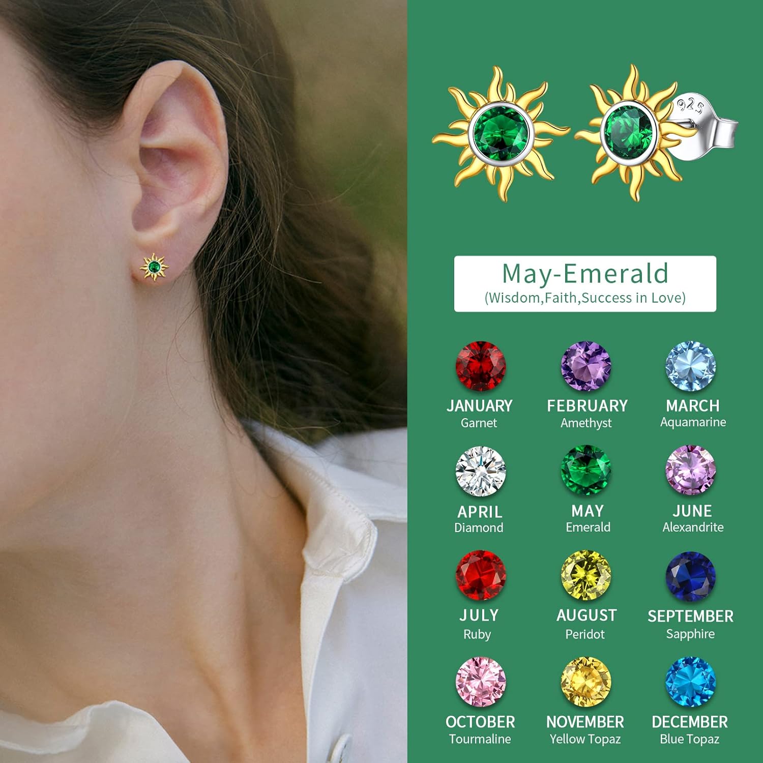 Hypoallergenic Sun Birthstone Earrings for Women, may birthstone, Emerald Earrings, Taurus Birthstone, Gemini Birthstone, sterling silver earrings, gift idea