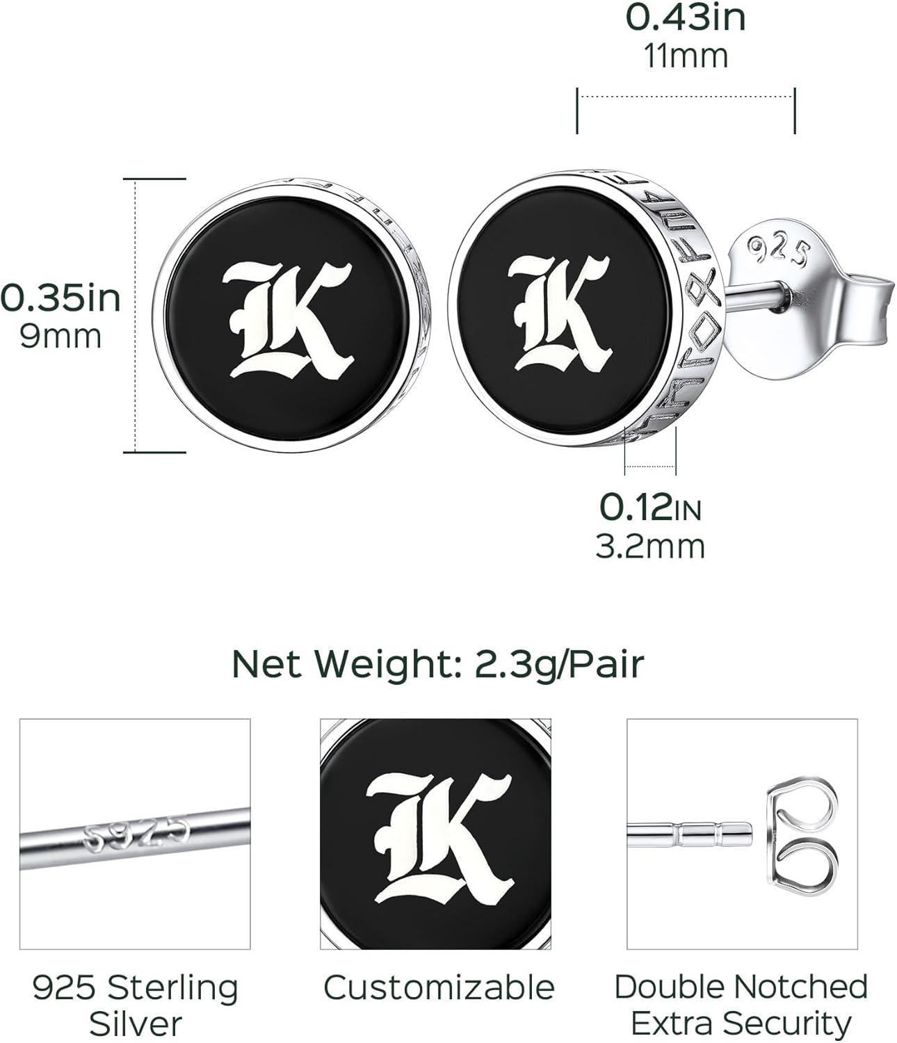 Black Onyx with Viking Rune Engrave Stud Earrings Details: Dimensions, Hypoallergenic, Push Back Finding