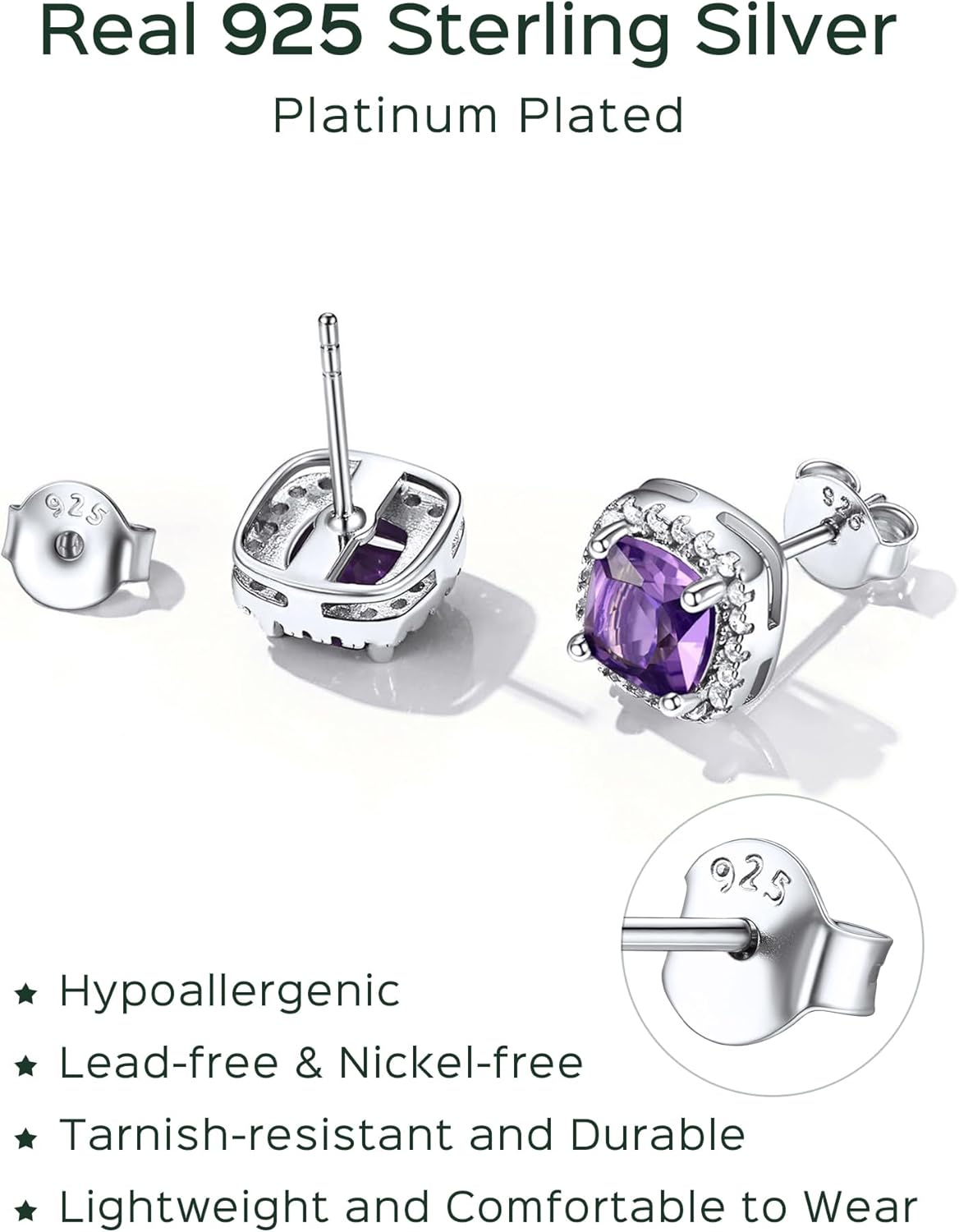 Sterling Silver Square Sparkle Halo Birthstone Gemstone & Cubic Zirconia Stud Earrings 