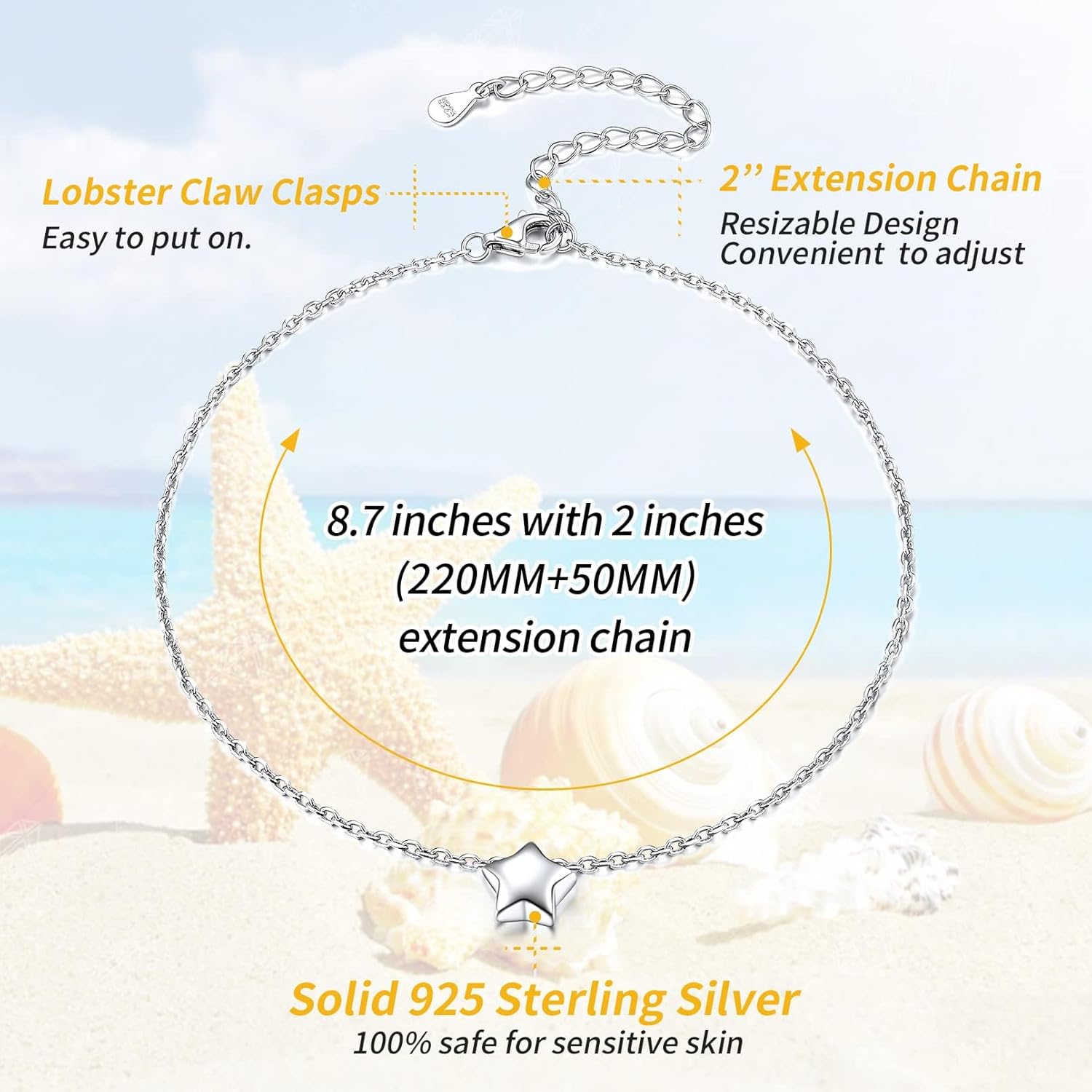Dainty Star Dainty Beach Anklets Details: Dimensions, Hypoallergenic, Lobster-Claw-Clasps