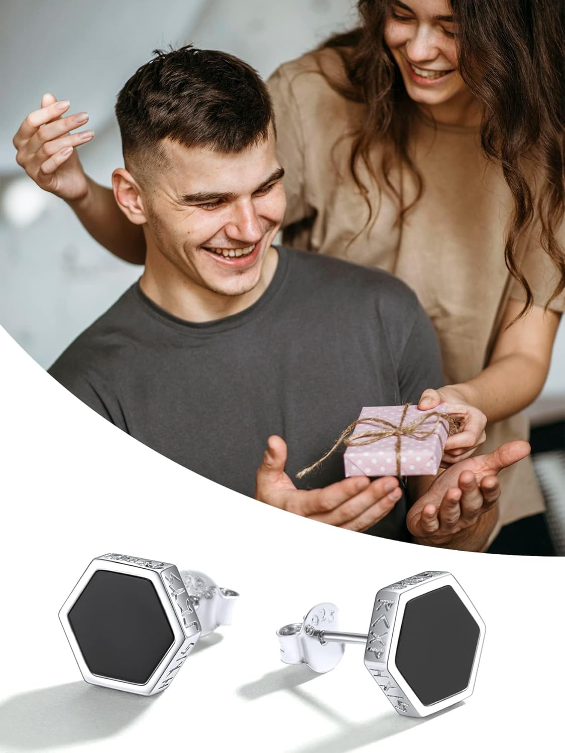 Black Onyx Viking Rune Small Hexagon Studs Earrings for Men, Memorial gift