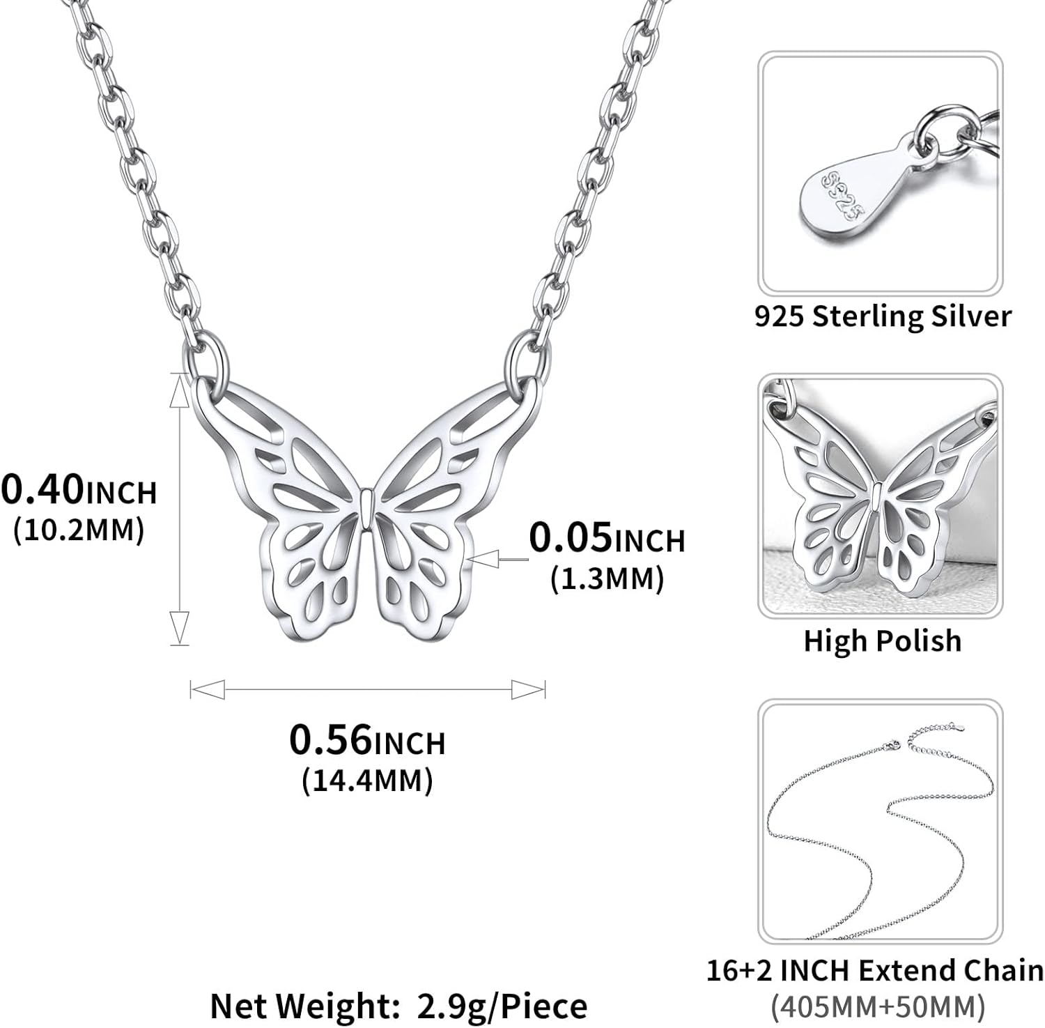 Minimalist Dainty Cute Butterfly Pendant Necklace Details: Dimensions, Hypoallergenic, Lobster-Claw-Clasps
