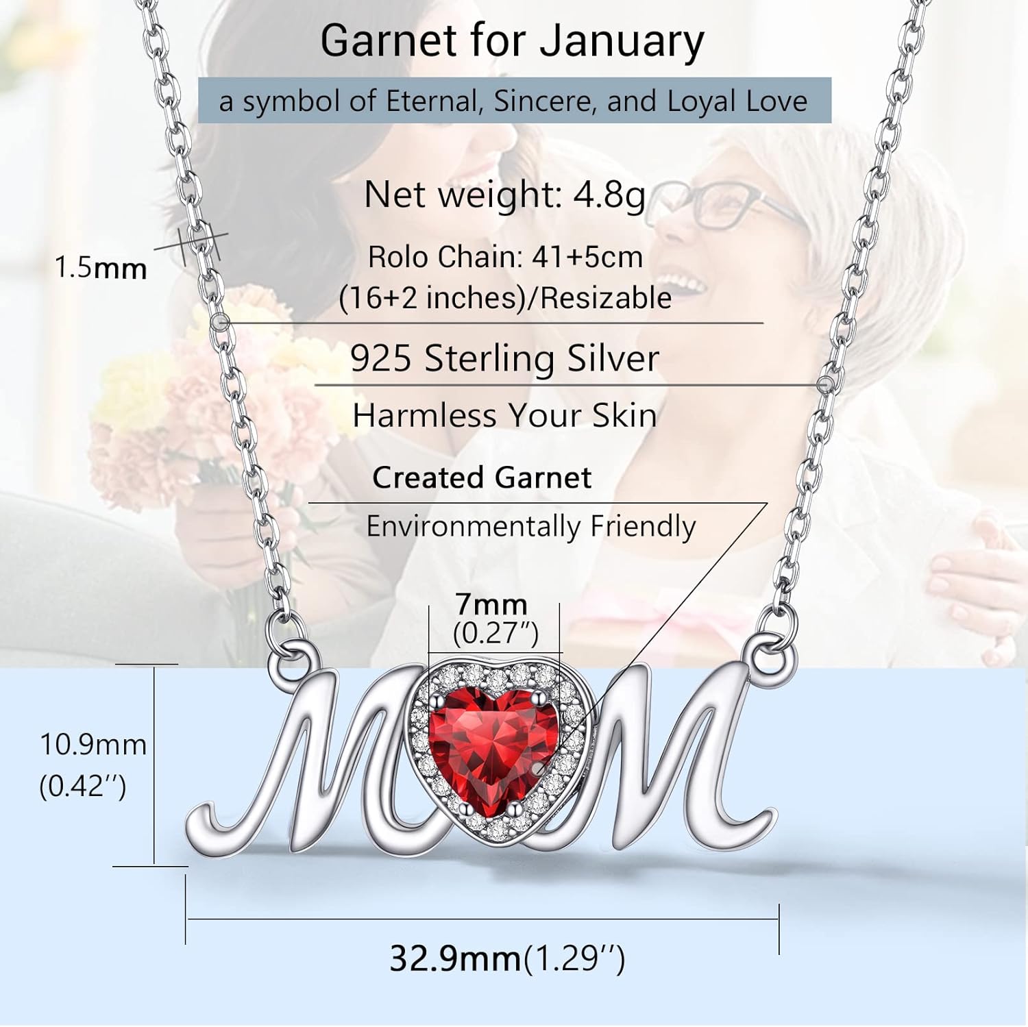 Mothers Day Birthstone Necklace Details: Dimensions, Hypoallergenic, Lobster-Claw-Clasps