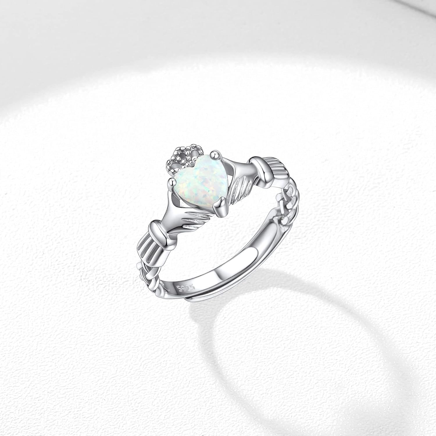 Sterling Silver White Opal Claddagh Heart Shape Birthstone Promise Ring