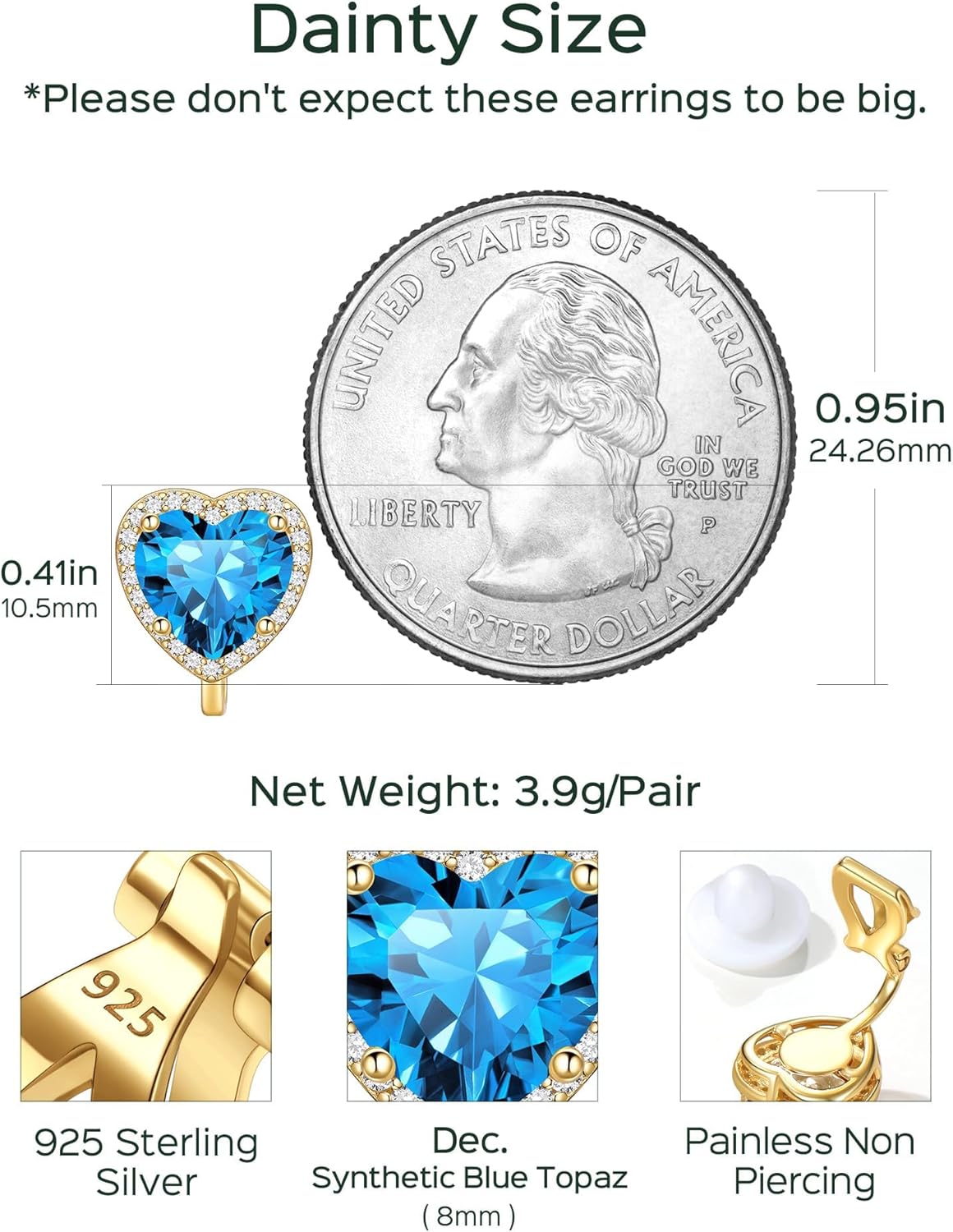 Hypoallergenic Birthstone Clip On Earrings Details: Dimensions, Hypoallergenic, Clip On