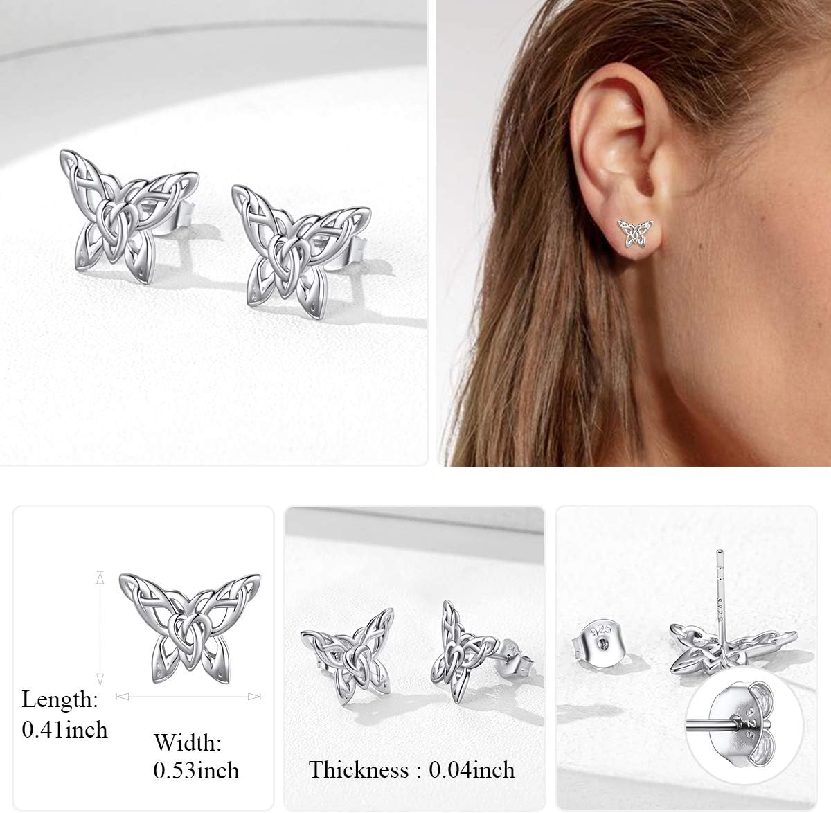Good Luck Celtic Knot Butterfly Stud Earrings for Women Details: Dimensions, Hypoallergenic, Push Back Finding