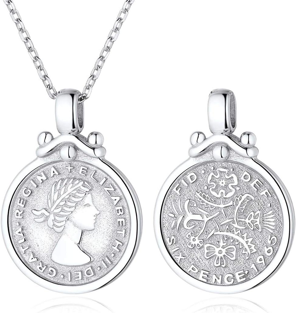 Elizabeth British Lucky Sixpence Coin Vintage Round Medallion Necklace 