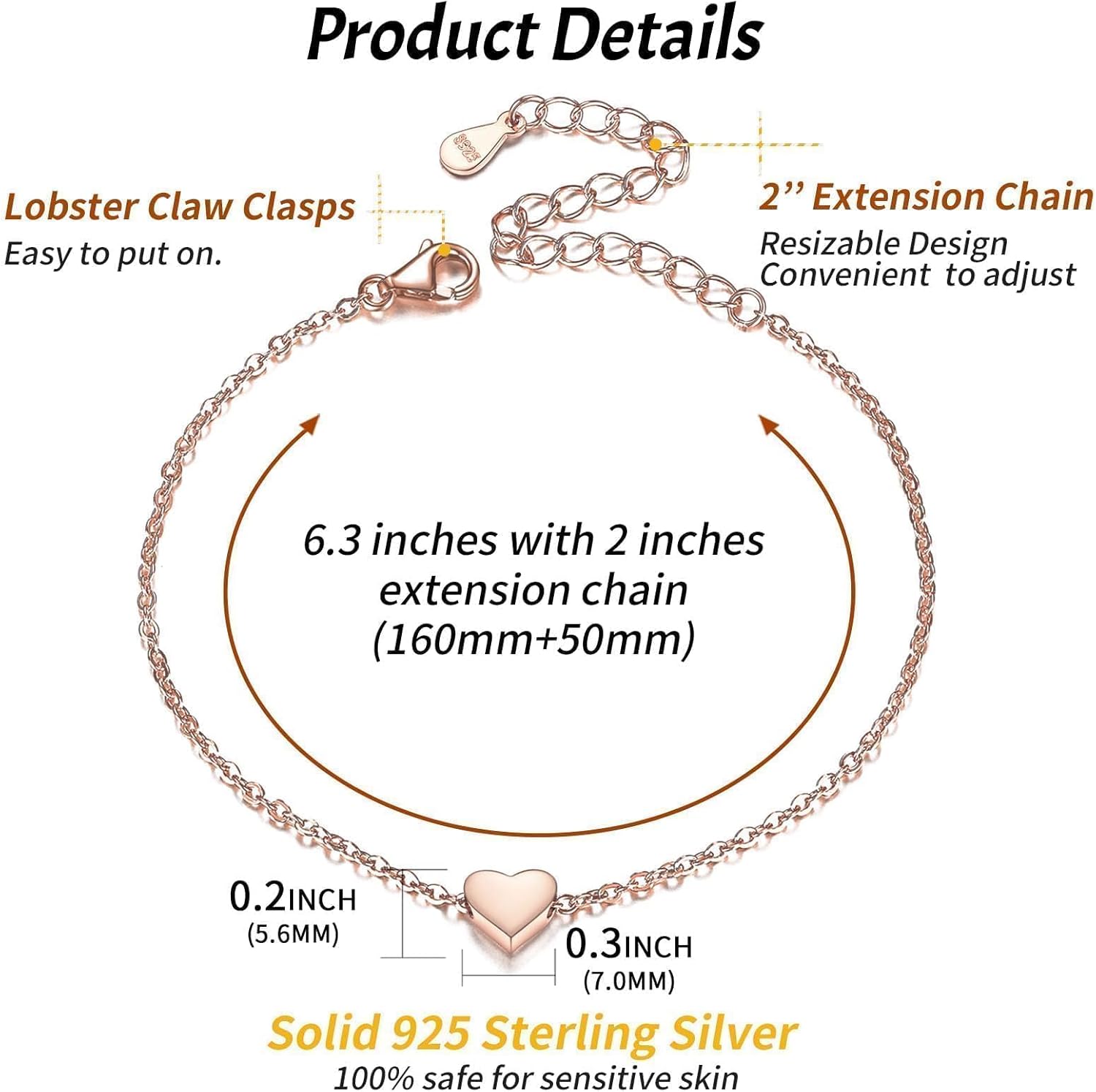 Classic Rose Gold Heart Link Chain Bracelet  for Women, sterling silver jewlery, gift idea, sterling silver bracelets