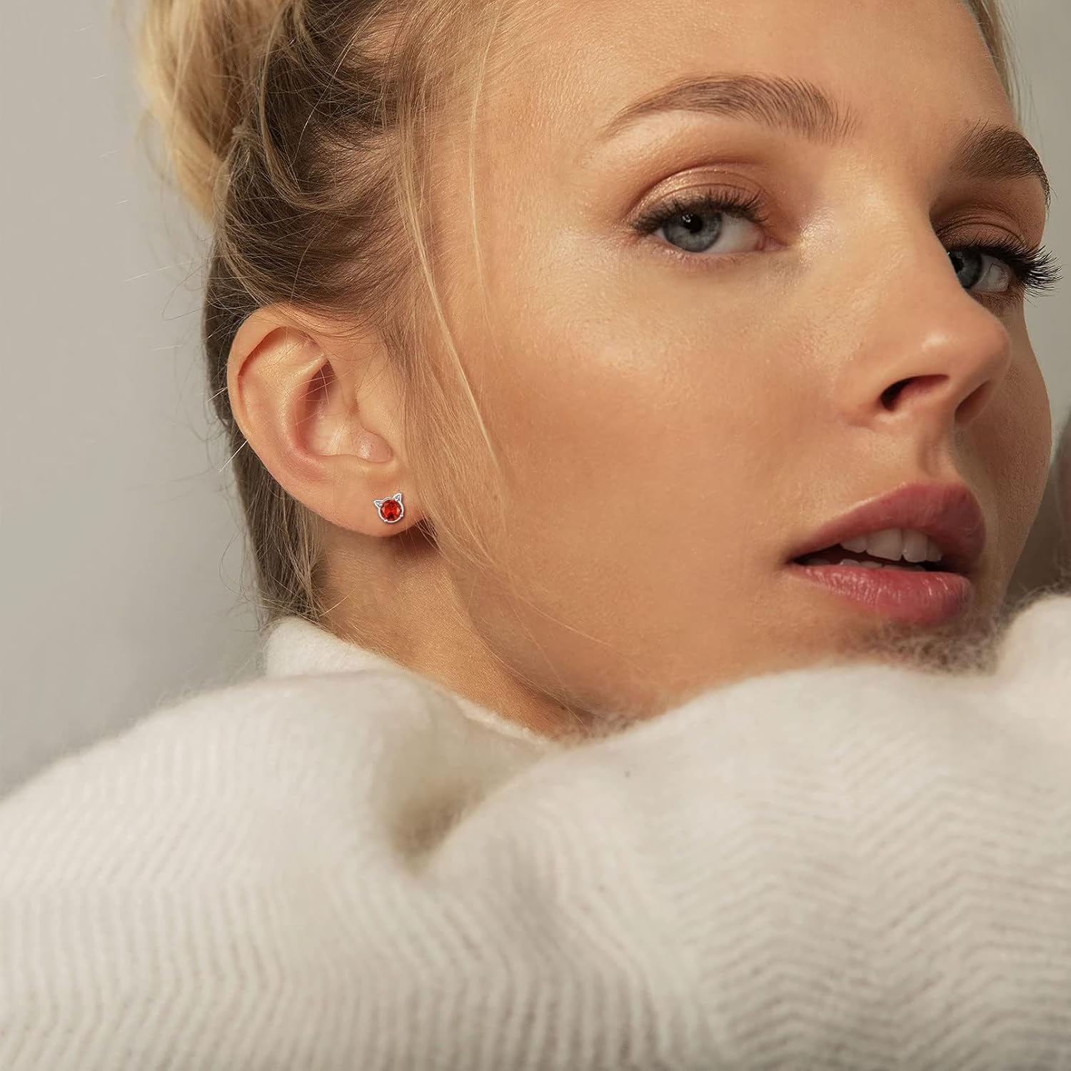 Cute Cat Diamond Birthstone Stud Earrings for women, july birthstone, Ruby birthstone, Cancer Birthstone, Leo Birthstone, sterling silver jewelry, gift idea