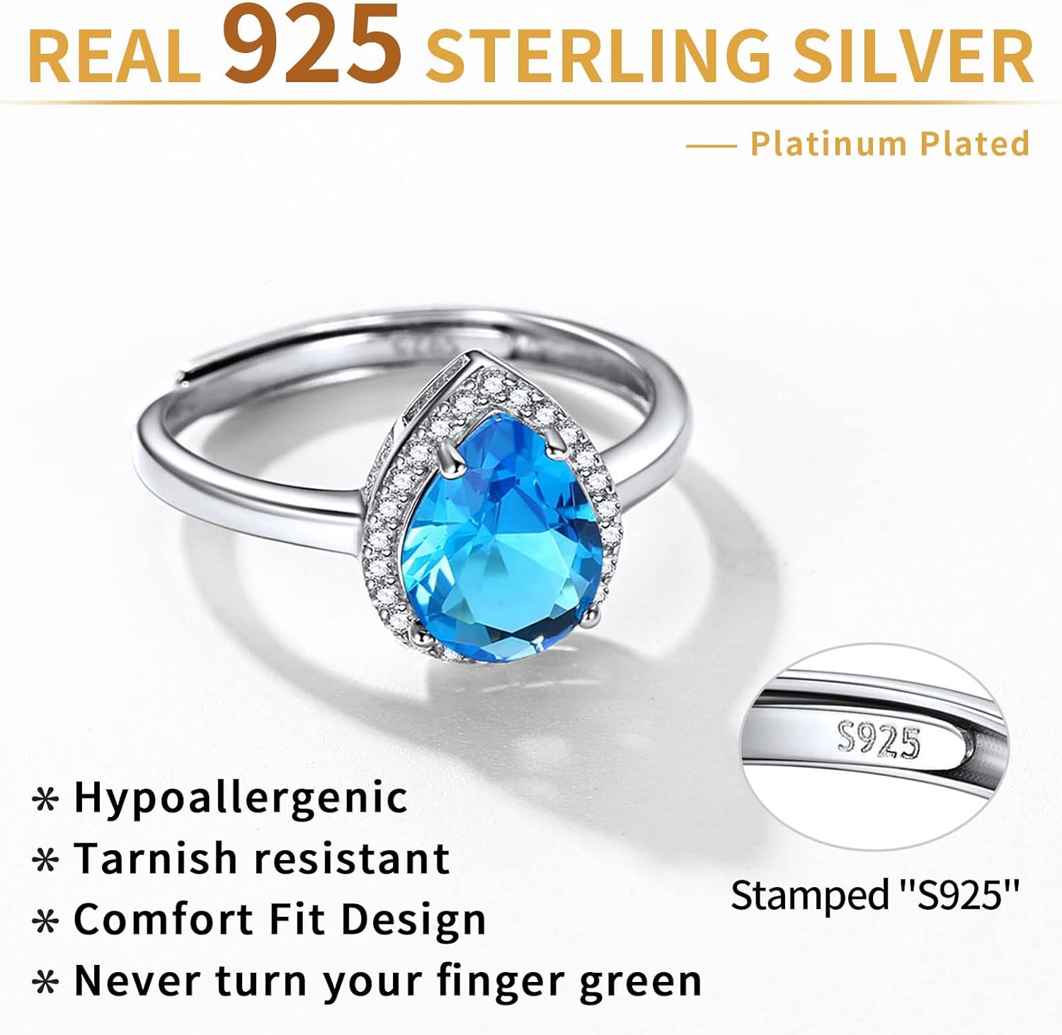 Sterling Silver Pear Cut Teardrop Birthstone Promise Ring 