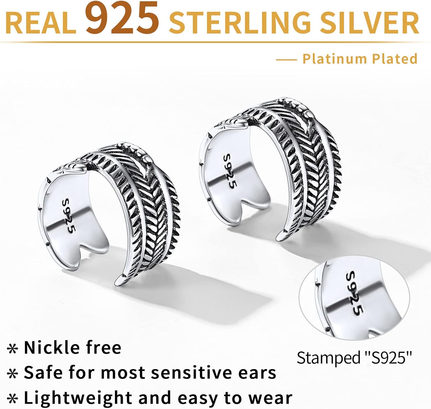Sterling Silver Feather Non-Piercing Cartilage Cuffs Earrings