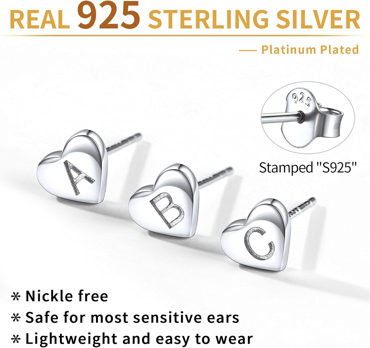 Heart Initial Stud Earrings for Women, sterling silver jewlery, sterling silver earrings, heart earrings