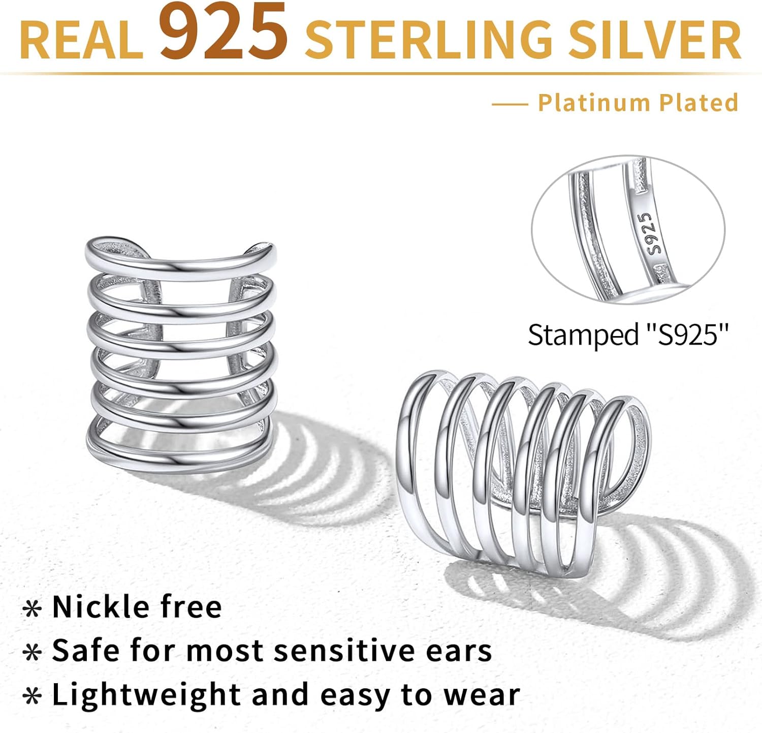 Sterling Silver Multi Lines Non Piercing Clip on Cartilage Cuff Earrings