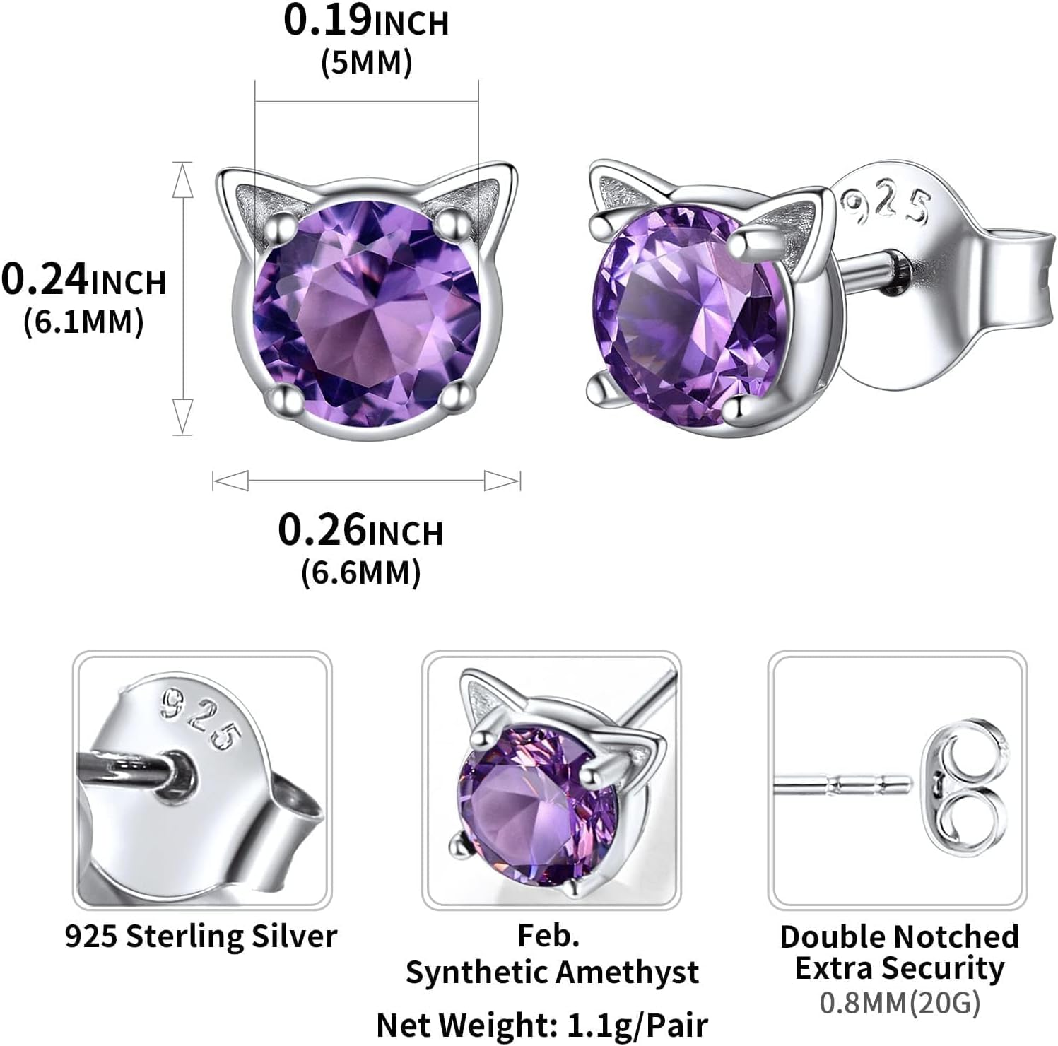 Cute Cat Diamond Birthstone Stud Earrings for women, February birthstone, Amethyst Jewelry, Pisces Birthstone, Aquarius Birthstone, sterling silver Earrings, gift idea