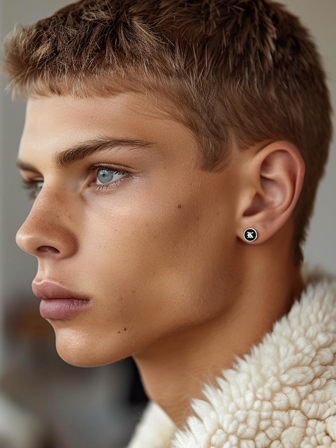 Black Onyx with Viking Rune Engrave Stud Earrings for Men