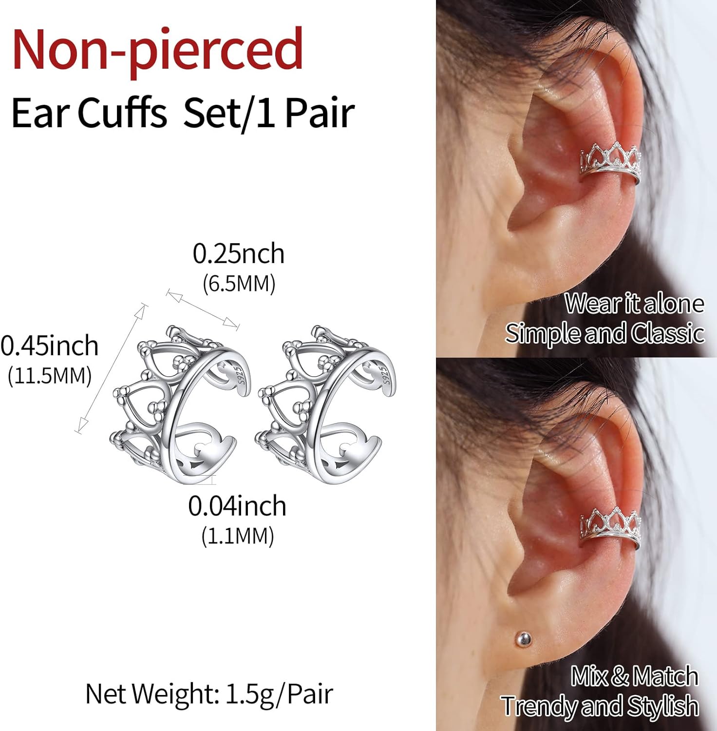 Crown Non Piercing Clip on Cartilage Cuff Earrings
