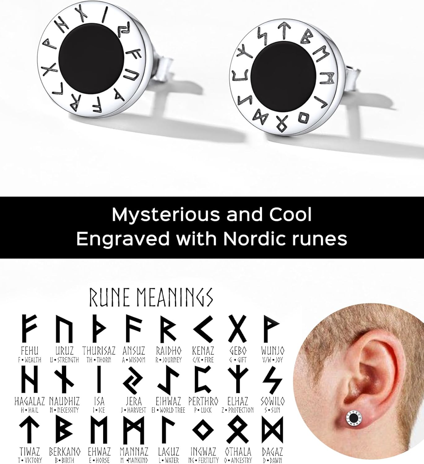 Viking Front Rune Outer Ring Black Onyx Stud Earrings in Different Rune Style