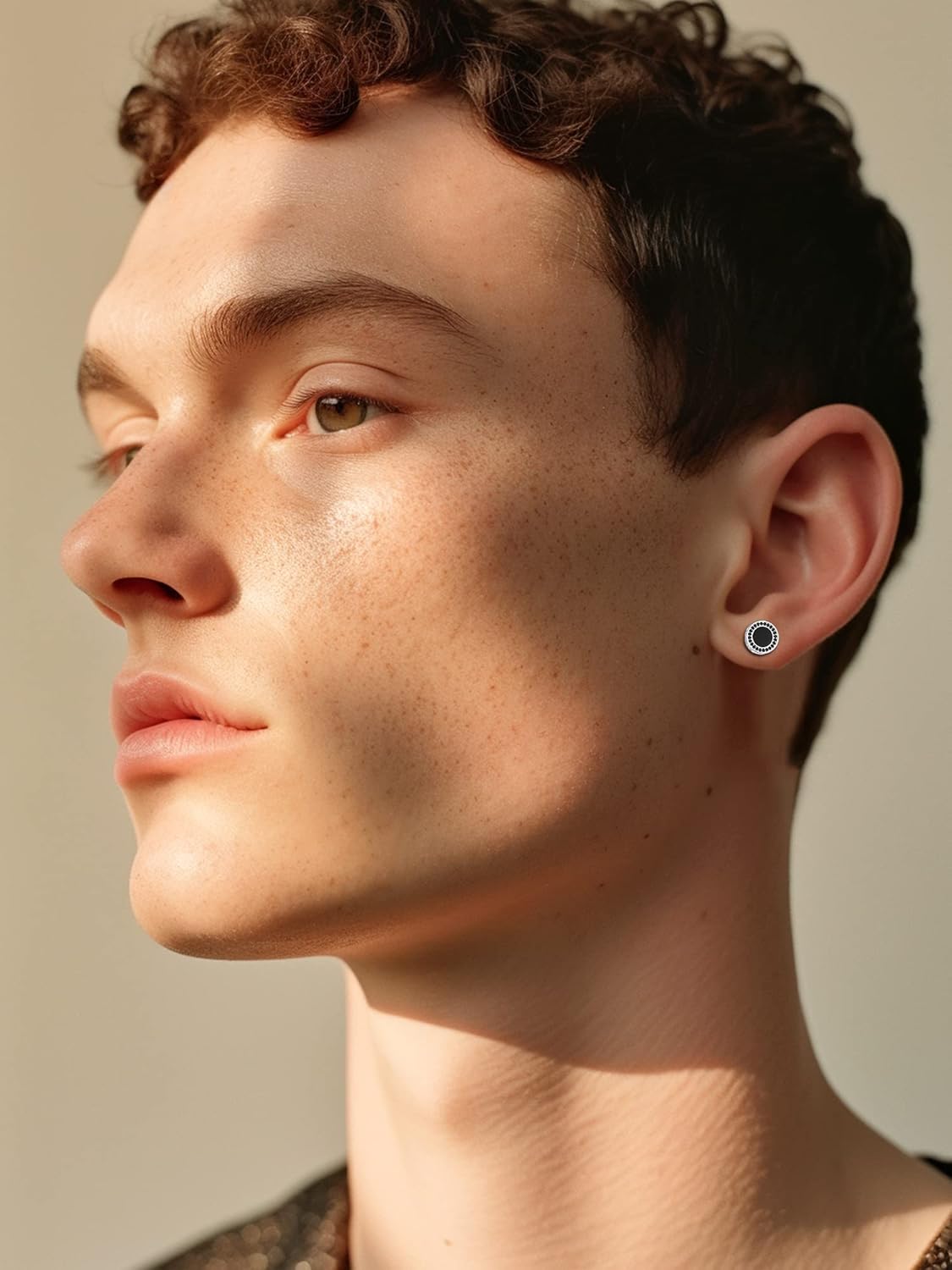 Black Onyx Viking Rune with Small Black Cubic Zirconia Stud Earrings for Men